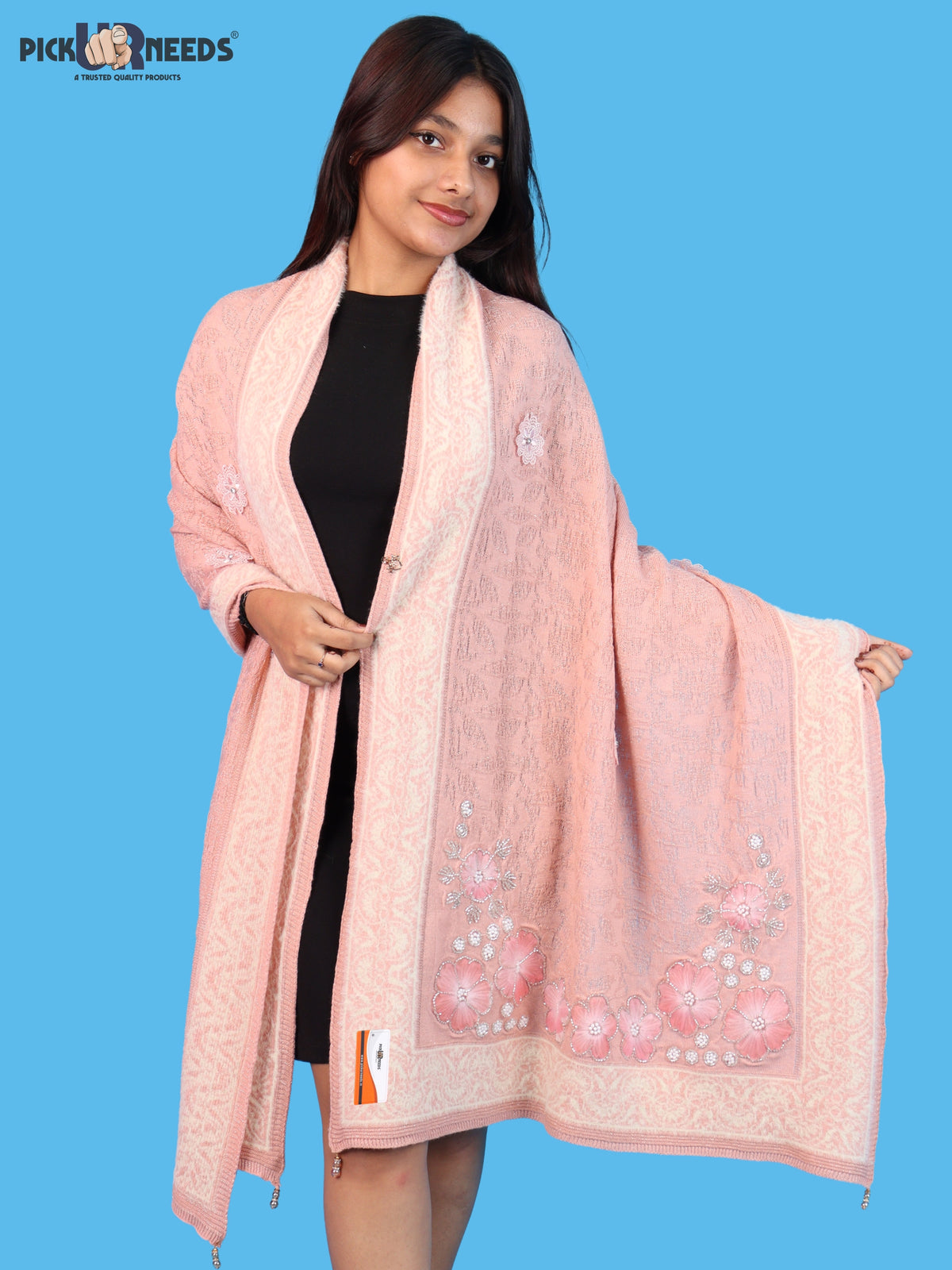 Pick Ur Needs Winter Woolen Womens Open Front Stylish Shrug with Elegant Floral Embroidery & Designer Border Soft Warm for Ladies & Girls