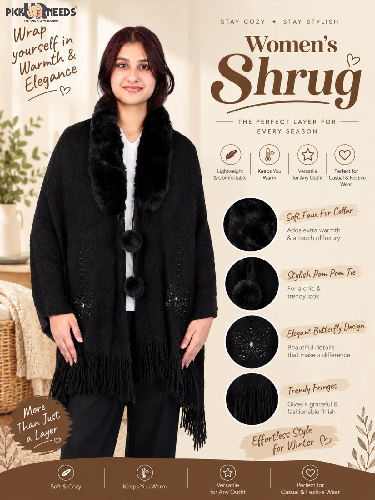 Pick Ur Needs Womens Faux Fur Collar Shrug with Pom Pom Tie Shawl Elegant Fringed Winter Wrap for Women & Girls