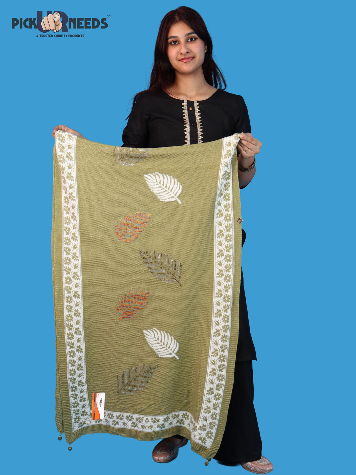 Pick Ur Needs Girls & Womens Winter Soft Lightweight Knitted Shawl with Leaf Design, Floral Border & Decorative Tassels