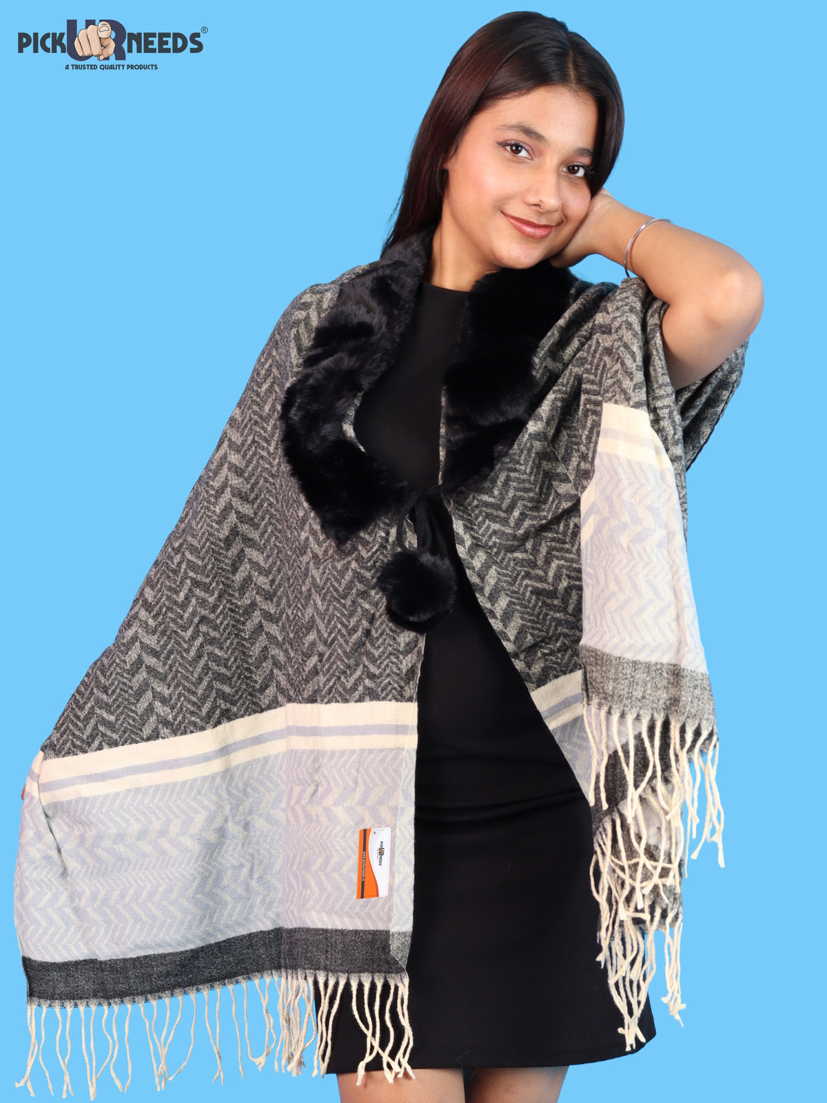 Pick Ur Needs Womens & Girls Designer Winter Shawl with Plush Fur Neckline & Patterned Border Soft Cozy Ladies Shoulder Wrap with Fringed Edges & Pom Pom Tassels