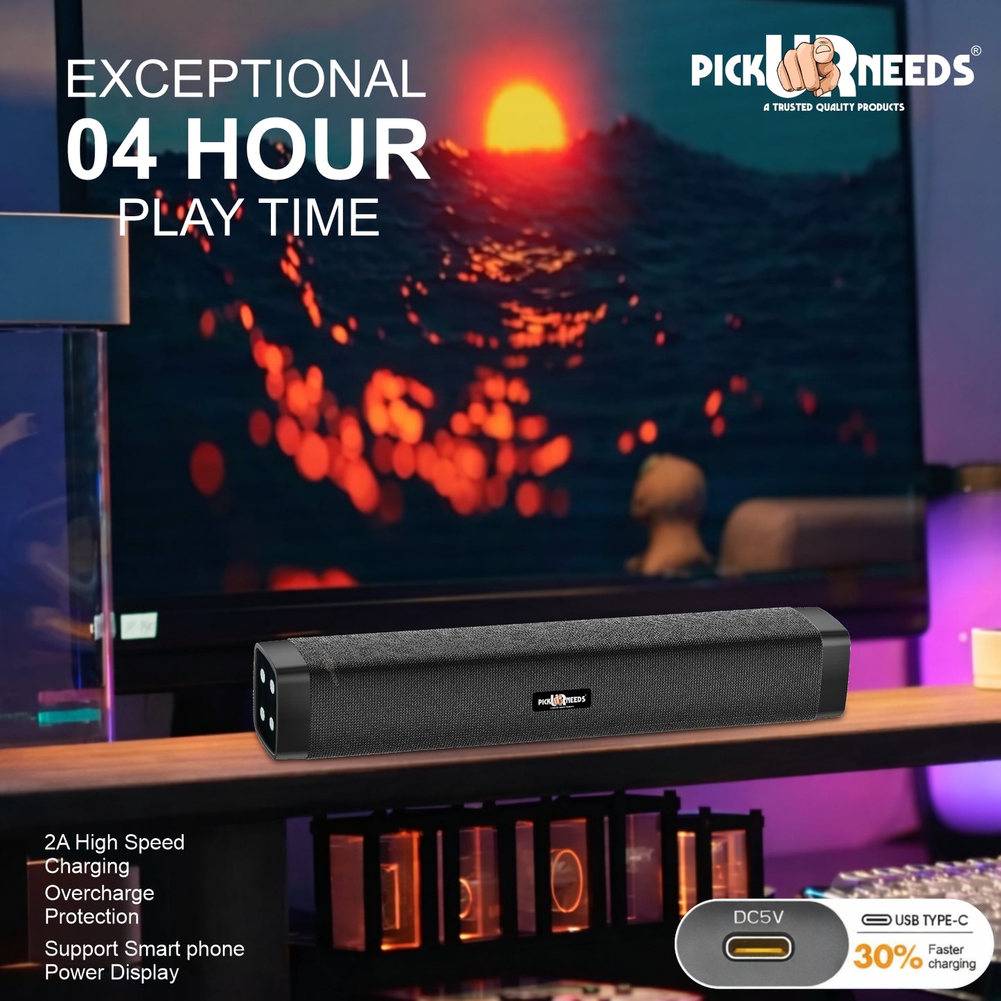 Pick Ur Needs Rechargeable 10W Wireless Bluetooth Soundbar Speaker with 1200mAh Battery, FM Radio, TF Card, USB & AUX Support – 4 Hours Playtime Home & Outdoor Speakers