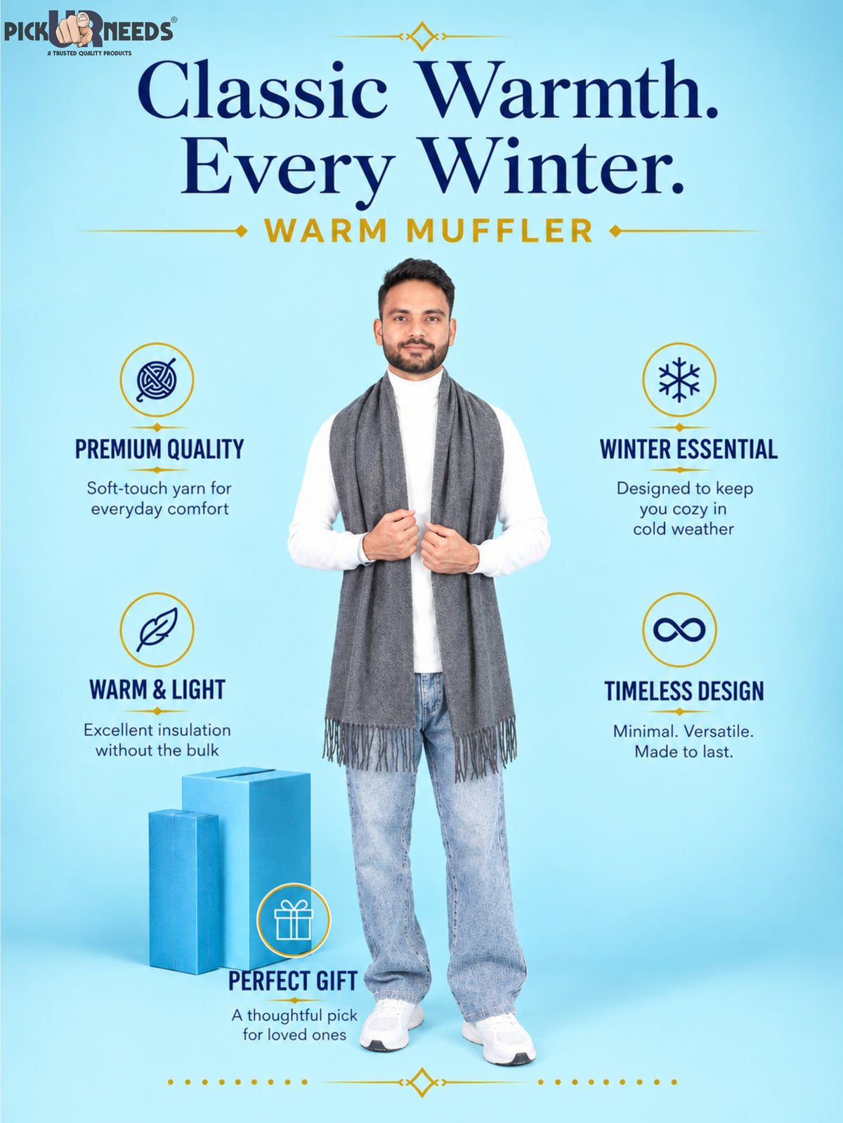 Pick Ur Needs Men’s Woolen Muffler Scarf Soft Warm Boys Winter Neck Wrap, Elegant Solid Style, Long Design with Decorative Fringes