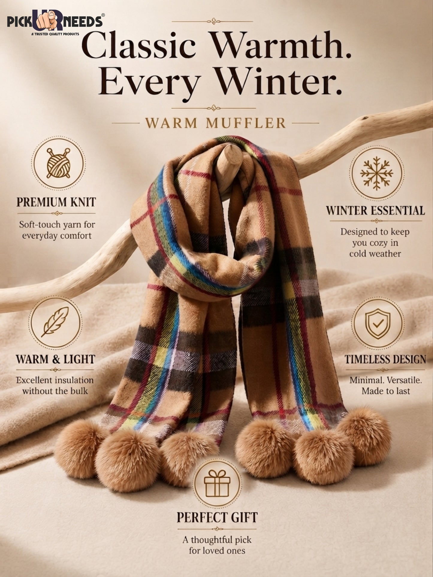 Pick Ur Needs Women’s Winter Scarf for Stylish & Comfortable Girls Wear Soft Warm Printed Muffler with Fringe & Pom Pom Detailing