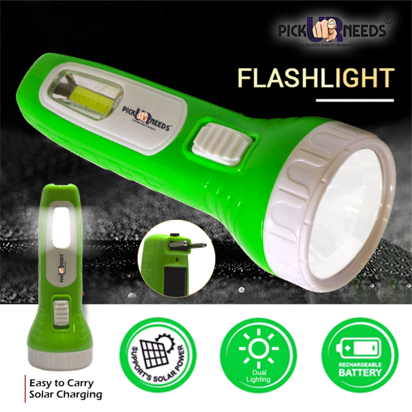 Pick Ur Needs Mini Solar Rechargeable Flashlight Two-Pin Plug LED Torch with Front and Side Light