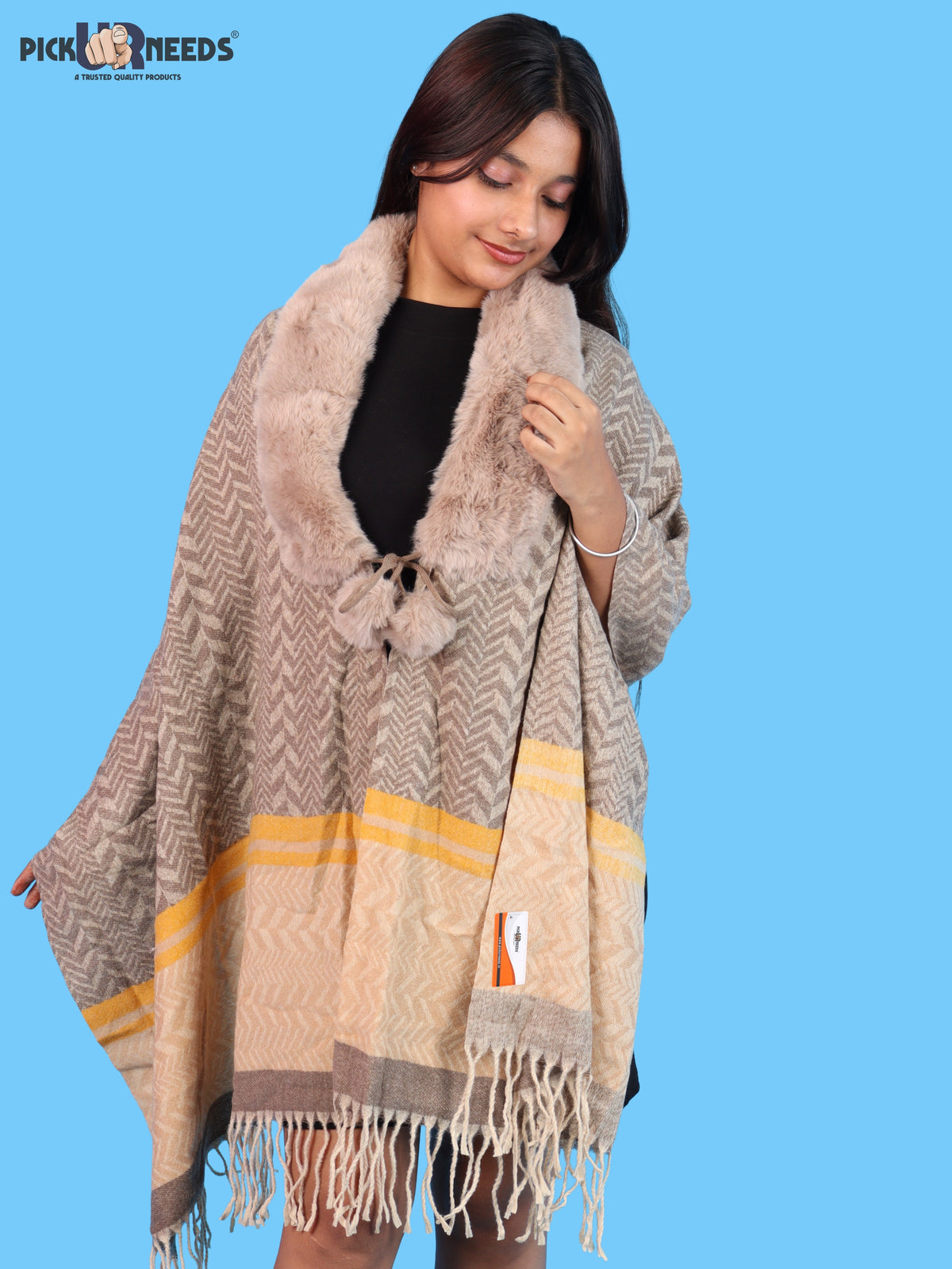 Pick Ur Needs Womens & Girls Designer Winter Shawl with Plush Fur Neckline & Patterned Border Soft Cozy Ladies Shoulder Wrap with Fringed Edges & Pom Pom Tassels