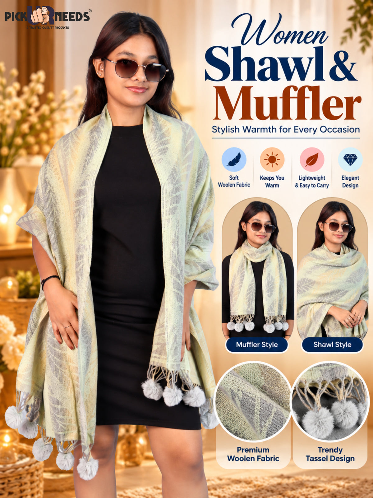 Pick Ur Needs Womens Designer Woolen Shawl & Stole with Elegant Leaf Pattern and Pom Pom Tassels, Winter Soft Warm Lightweight Winter Wrap