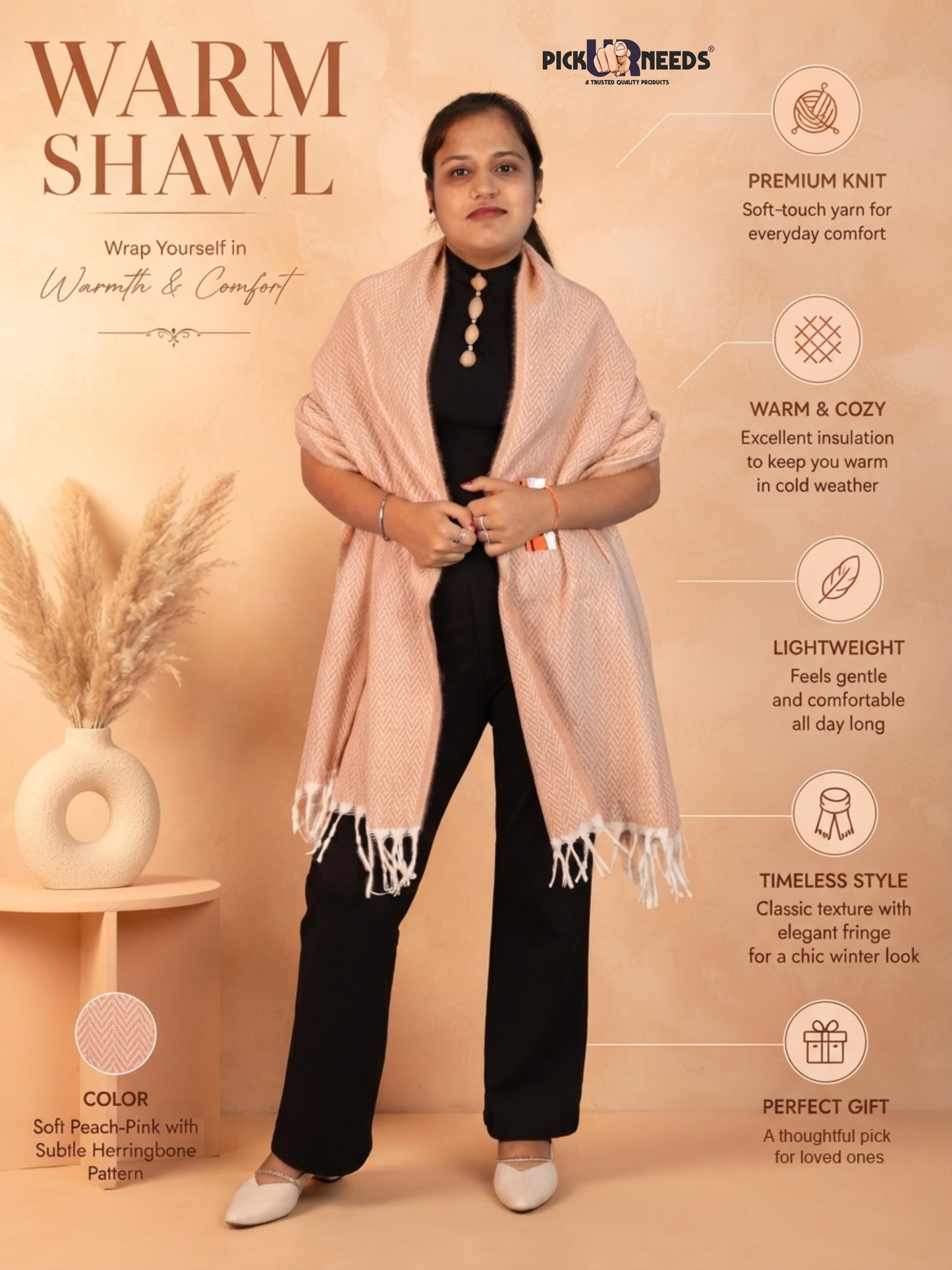 Pick Ur Needs Women’s Winter Muffler Shawl Soft & Warm Knitted Herringbone Wrap with Elegant Fringe Stole For Girls