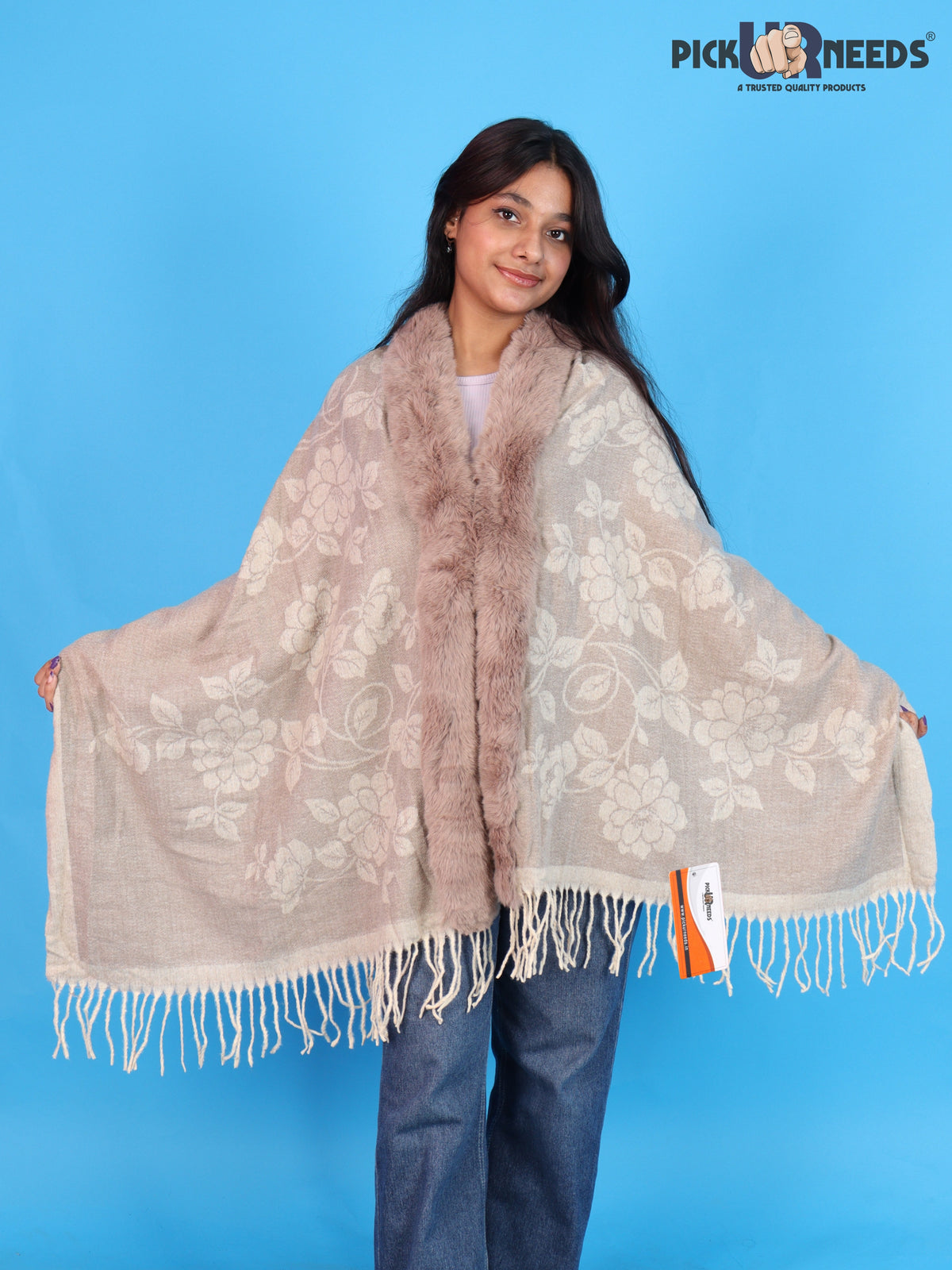 Pick Ur Needs Women’s  Floral Patterned Woolen Shawl with  Faux Fur Border