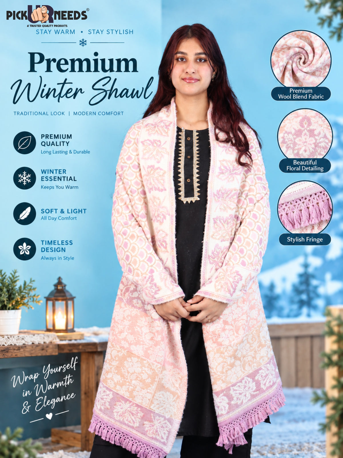 Pick Ur Needs Womens & Girls Winter Premium Shawl Floral Patterned Wool Blend Wrap with Decorative Border & Fringe Finish