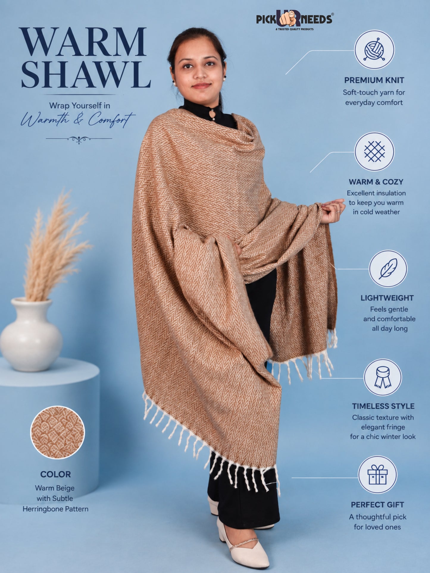 Pick Ur Needs Women’s Winter Muffler Shawl Soft & Warm Knitted Herringbone Wrap with Elegant Fringe Stole For Girls