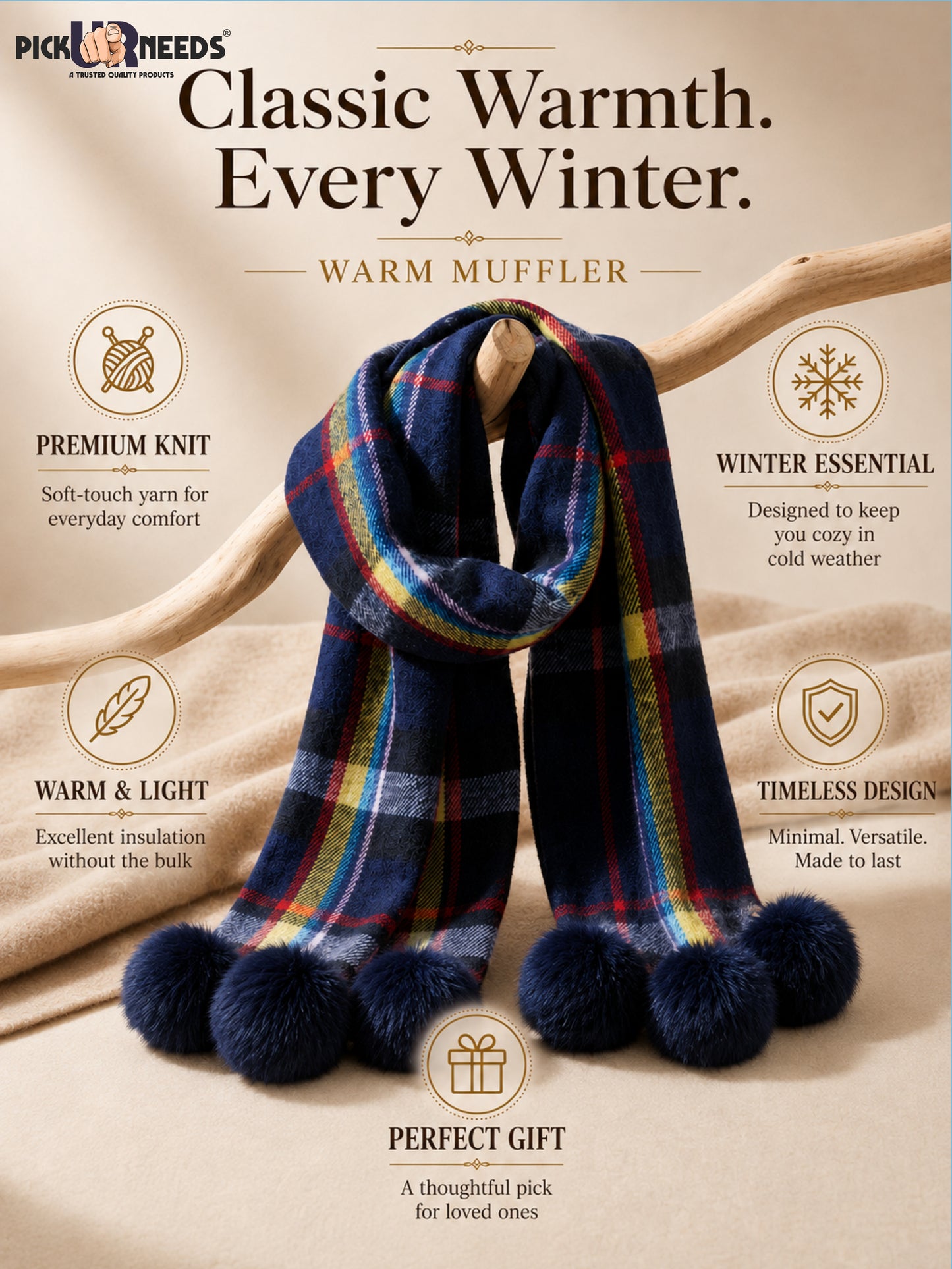 Pick Ur Needs Women’s Winter Scarf for Stylish & Comfortable Girls Wear Soft Warm Printed Muffler with Fringe & Pom Pom Detailing