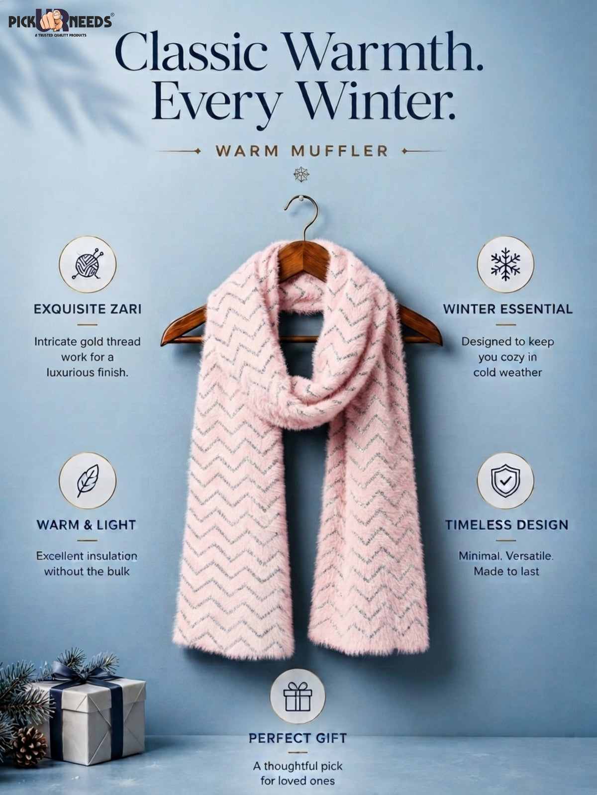 Pick Ur Needs Premium Woolen Winter Muffler with Gold Zigzag Pattern | Soft, Warm & Stylish Scarf for Women