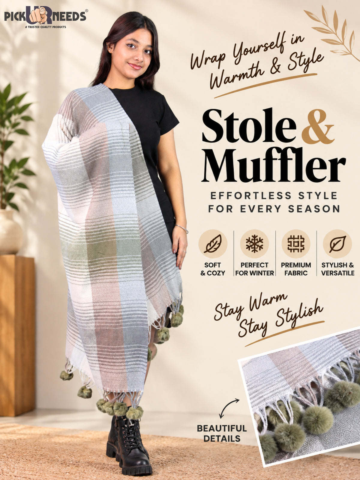 Pick Ur Needs Women & Girls Winter Shawl Soft Warm Striped Pattern Shawl with Tassel & Pom Pom Border Stylish Ladies Winter Wrap