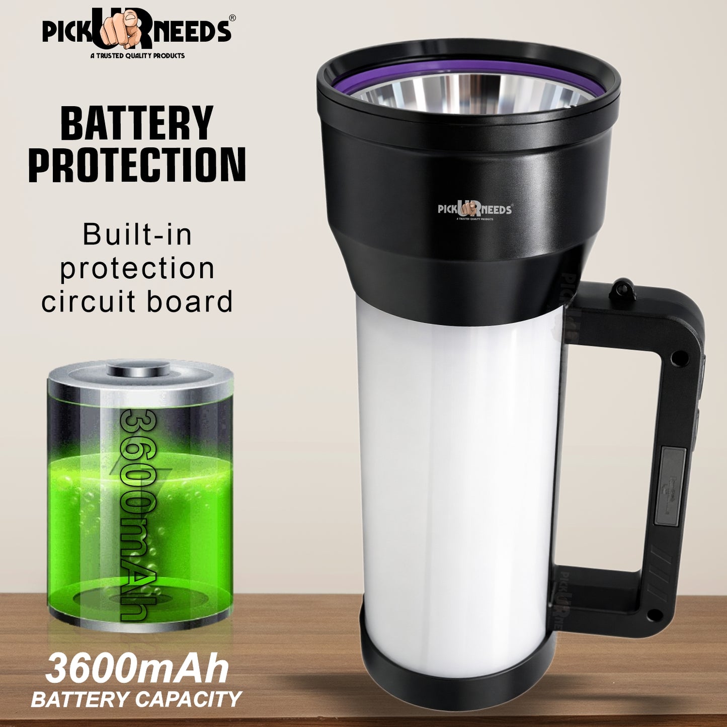 Pick Ur Needs 200W Rechargeable Emergency LED Long Range Distance Search Torch Light with 3600mAh Battery, Type-C Fast Charging Dual Mode Front & Side Light