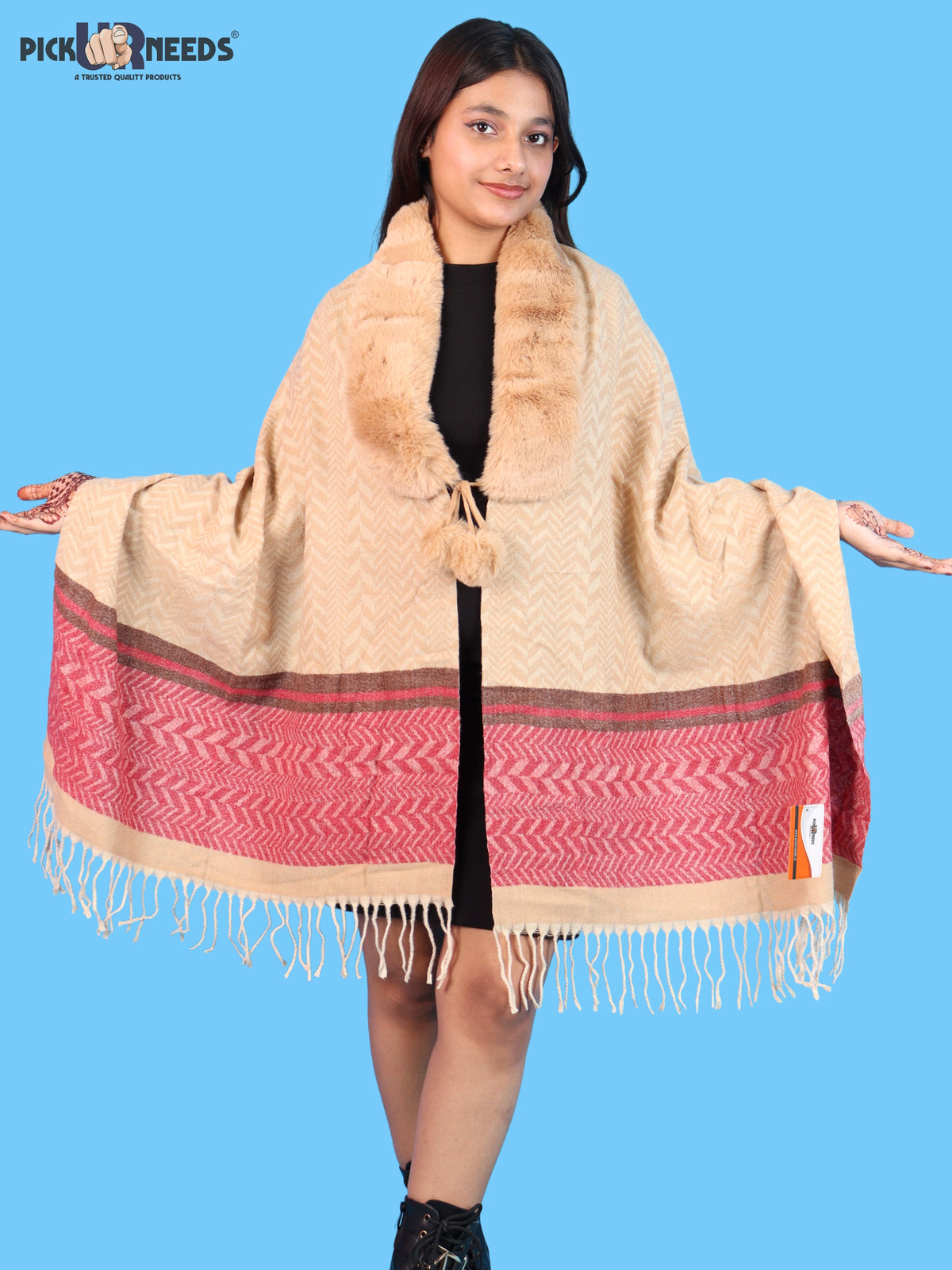 Pick Ur Needs Womens & Girls Designer Winter Shawl with Plush Fur Neckline & Patterned Border Soft Cozy Ladies Shoulder Wrap with Fringed Edges & Pom Pom Tassels