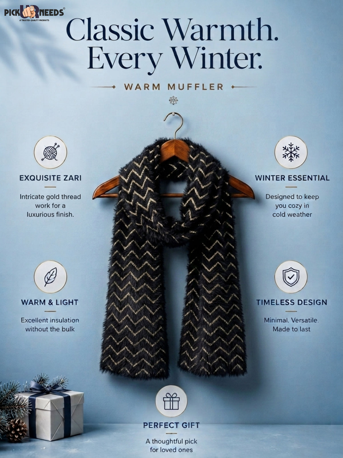 Pick Ur Needs Premium Woolen Winter Muffler with Gold Zigzag Pattern | Soft, Warm & Stylish Scarf for Women