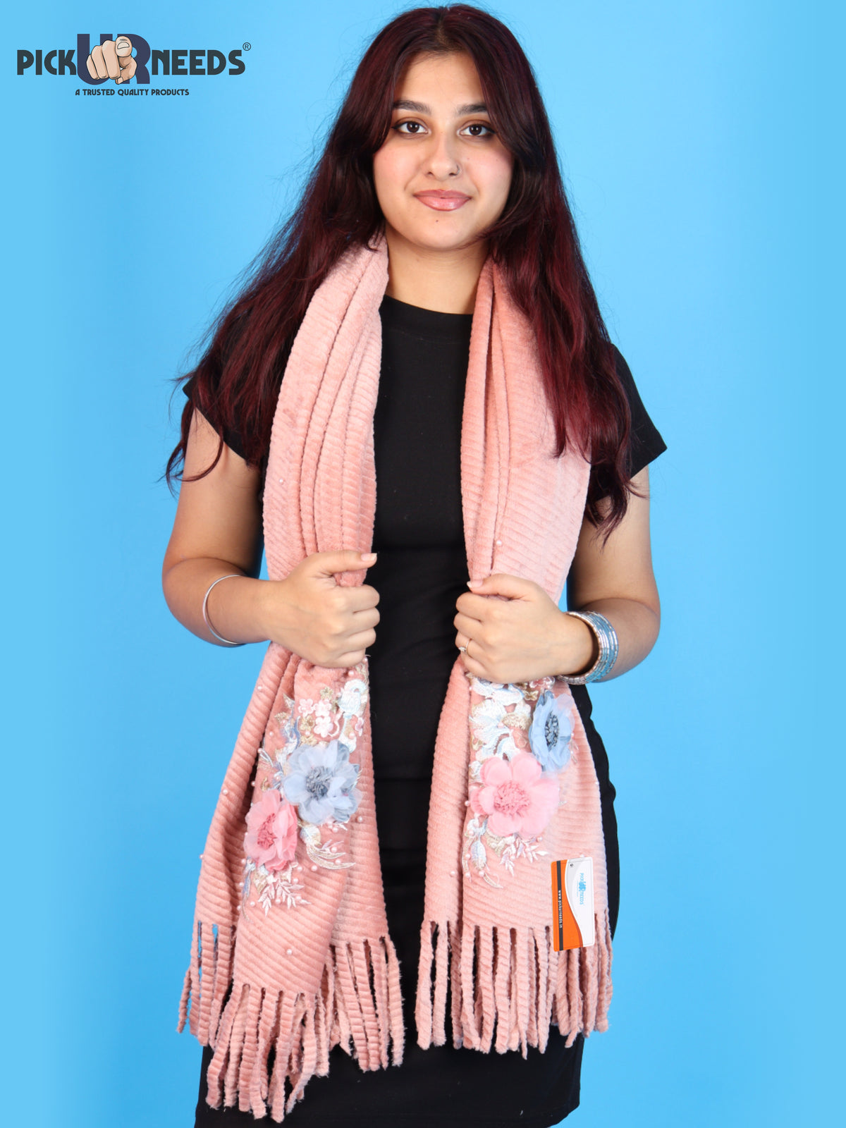Pick Ur Needs Premium Floral Embroidered Winter Shawl Stole Soft Warm Wrap with Pearl Embellishments & Fringed Border For Girls & Womens