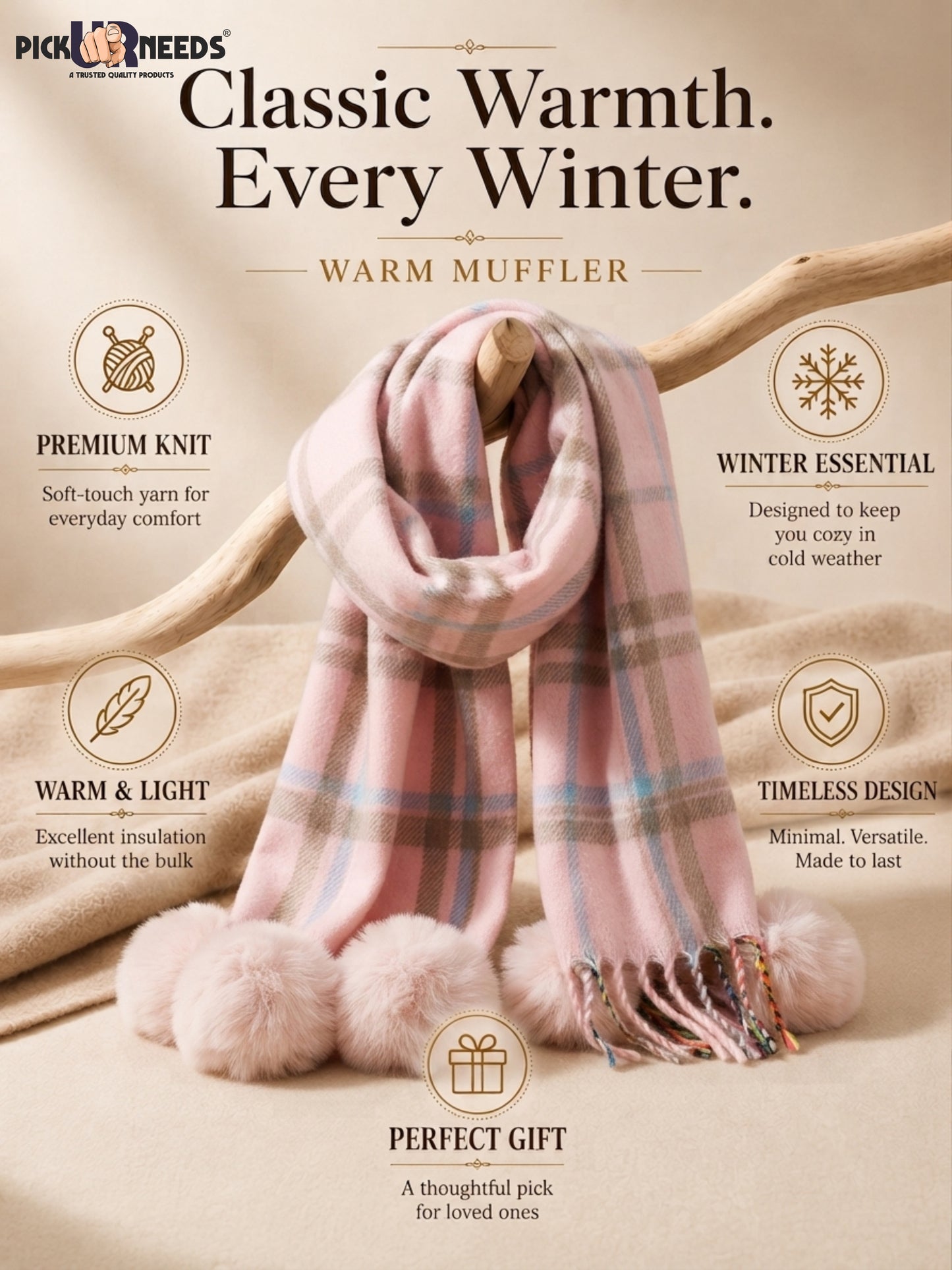 Pick Ur Needs Women’s Winter Scarf for Stylish & Comfortable Girls Wear Soft Warm Printed Muffler with Fringe & Pom Pom Detailing