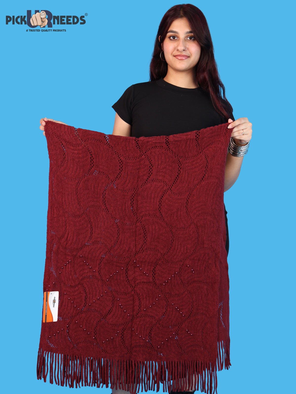 Pick Ur Needs Women & Girls Winter Warm Woolen Muffler with Pearl Work & Fringes – Soft Stylish Wrap