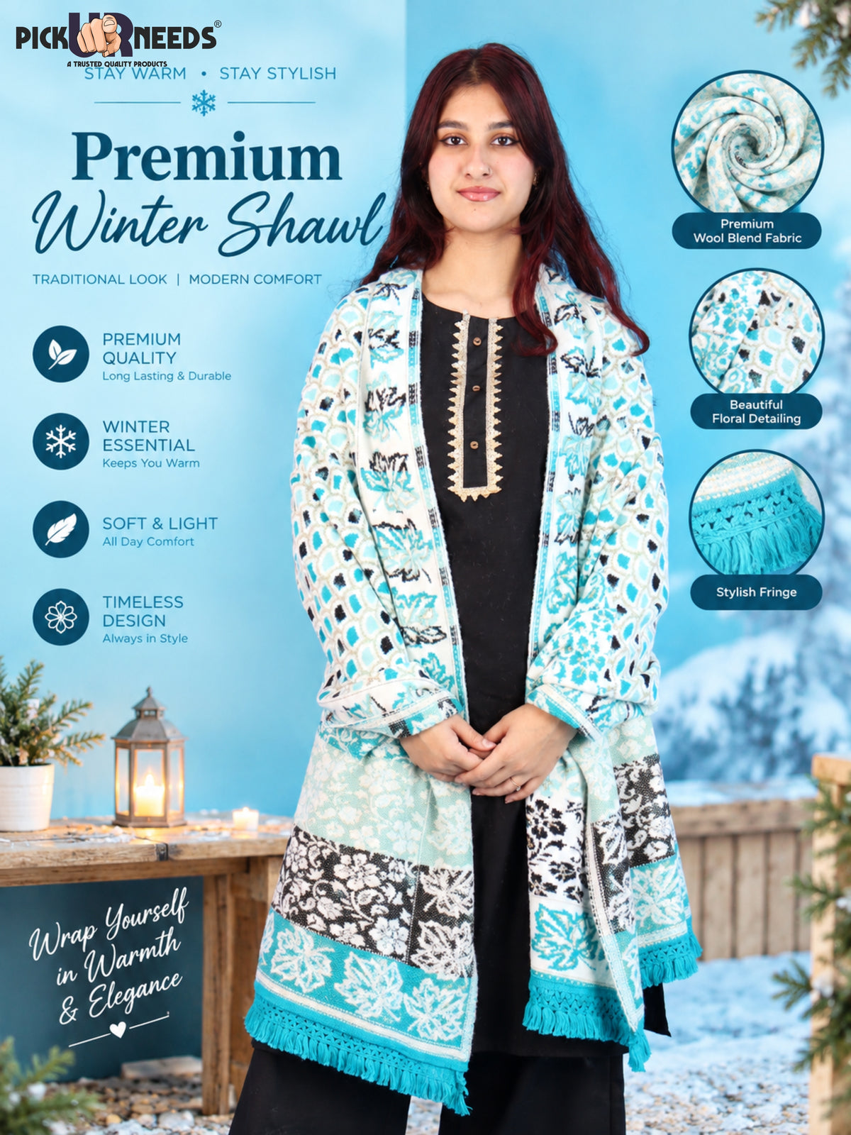 Pick Ur Needs Womens & Girls Winter Premium Shawl Floral Patterned Wool Blend Wrap with Decorative Border & Fringe Finish