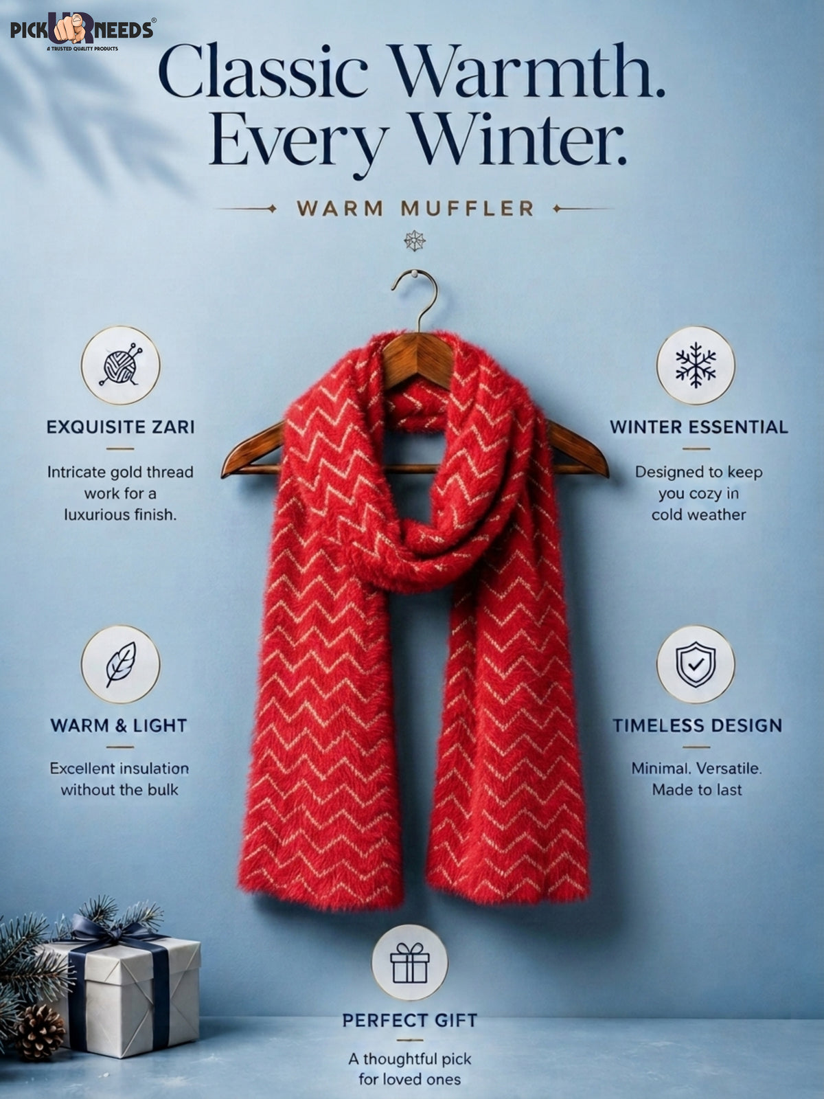 Pick Ur Needs Premium Woolen Winter Muffler with Gold Zigzag Pattern | Soft, Warm & Stylish Scarf for Women
