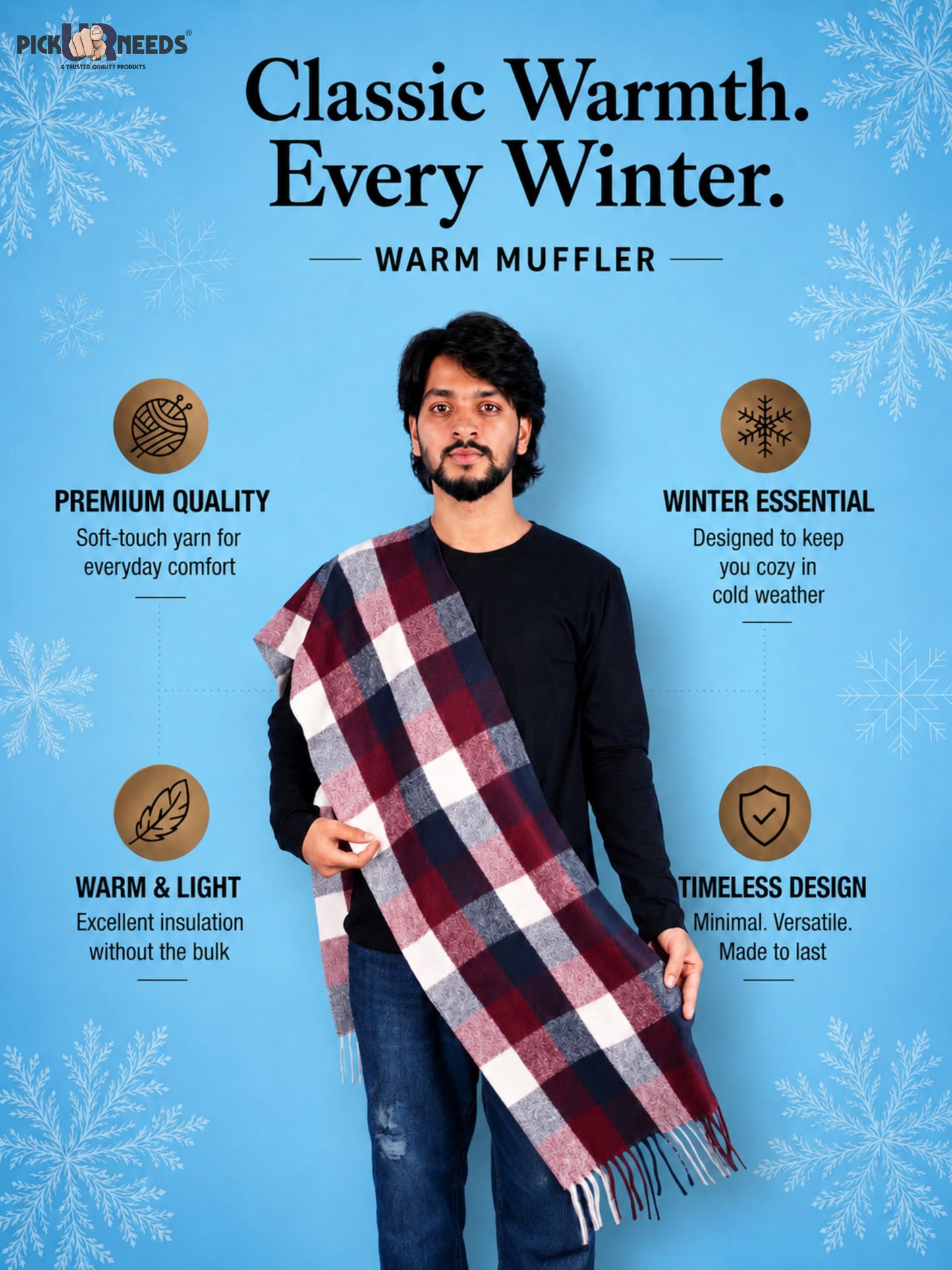 Pick Ur Needs Men’s Winter Muffler Shawl Soft Warm Checkered Scarf with Fringes  Stylish Neck Wrap for Men & Boys  Winter Wear Accessory