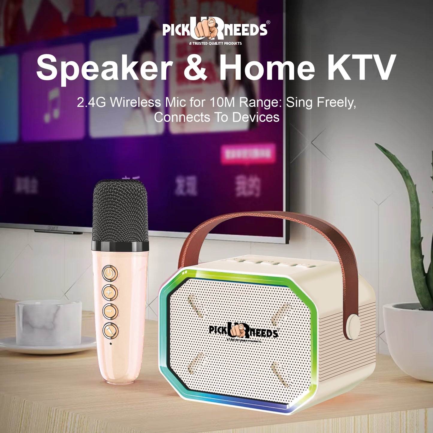 Pick Ur Needs 15W Portable Bluetooth Karaoke Speaker with Mic, 2000mAh Battery, Type-C Charging, RGB Lights, TF Card, Stereo Sound – Wireless Karaoke System (Black)