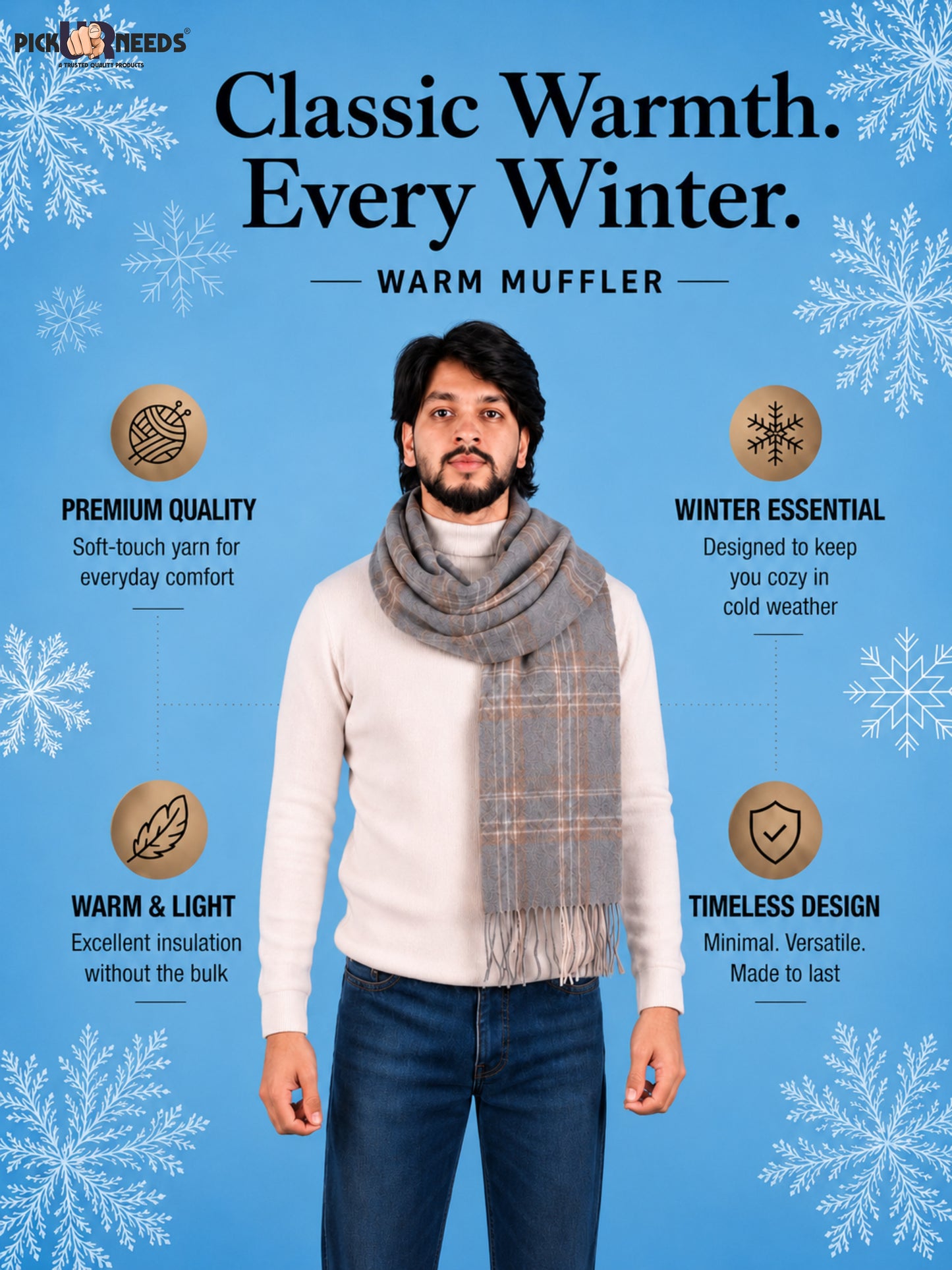 Pick Ur Needs Men’s Winter Muffler Shawl Soft Warm Checkered Scarf with Fringes  Stylish Neck Wrap for Men & Boys  Winter Wear Accessory