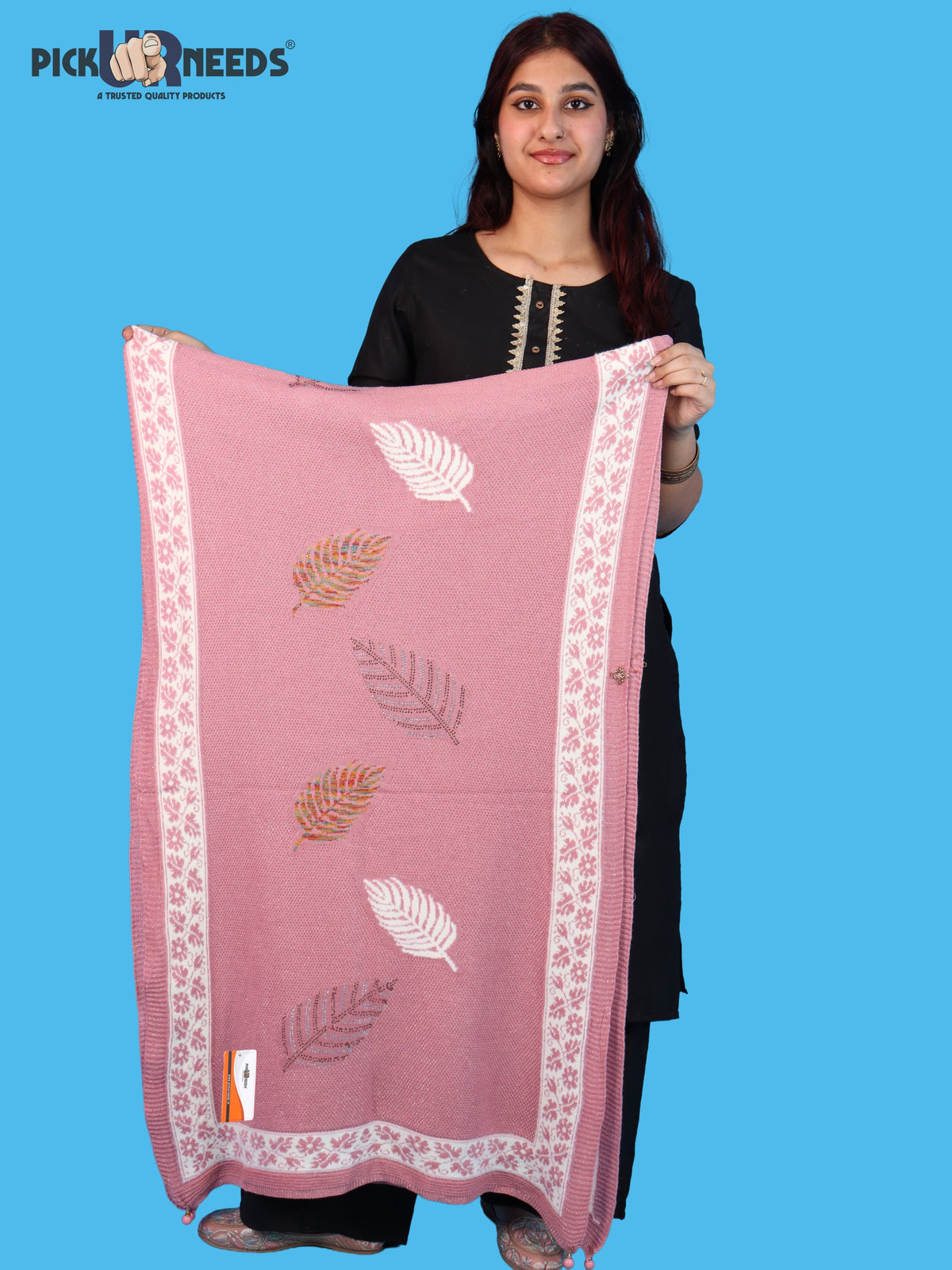 Pick Ur Needs Girls & Womens Winter Soft Lightweight Knitted Shawl with Leaf Design, Floral Border & Decorative Tassels