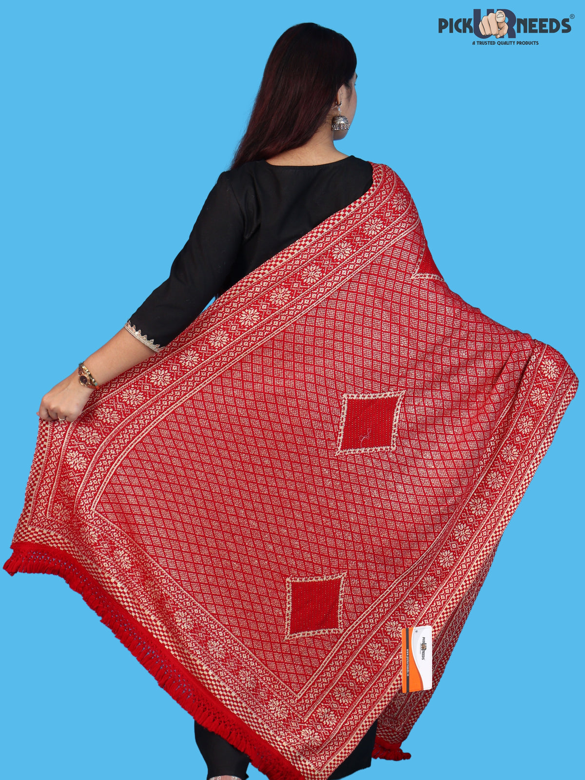 Pick Ur Needs Women & Girls Designer Shawl Stole with Elegant Woven Floral & Geometric Pattern, Soft Warm Winter Wrap with Fringed Border, Stylish Shoulder Scarf for Ladies