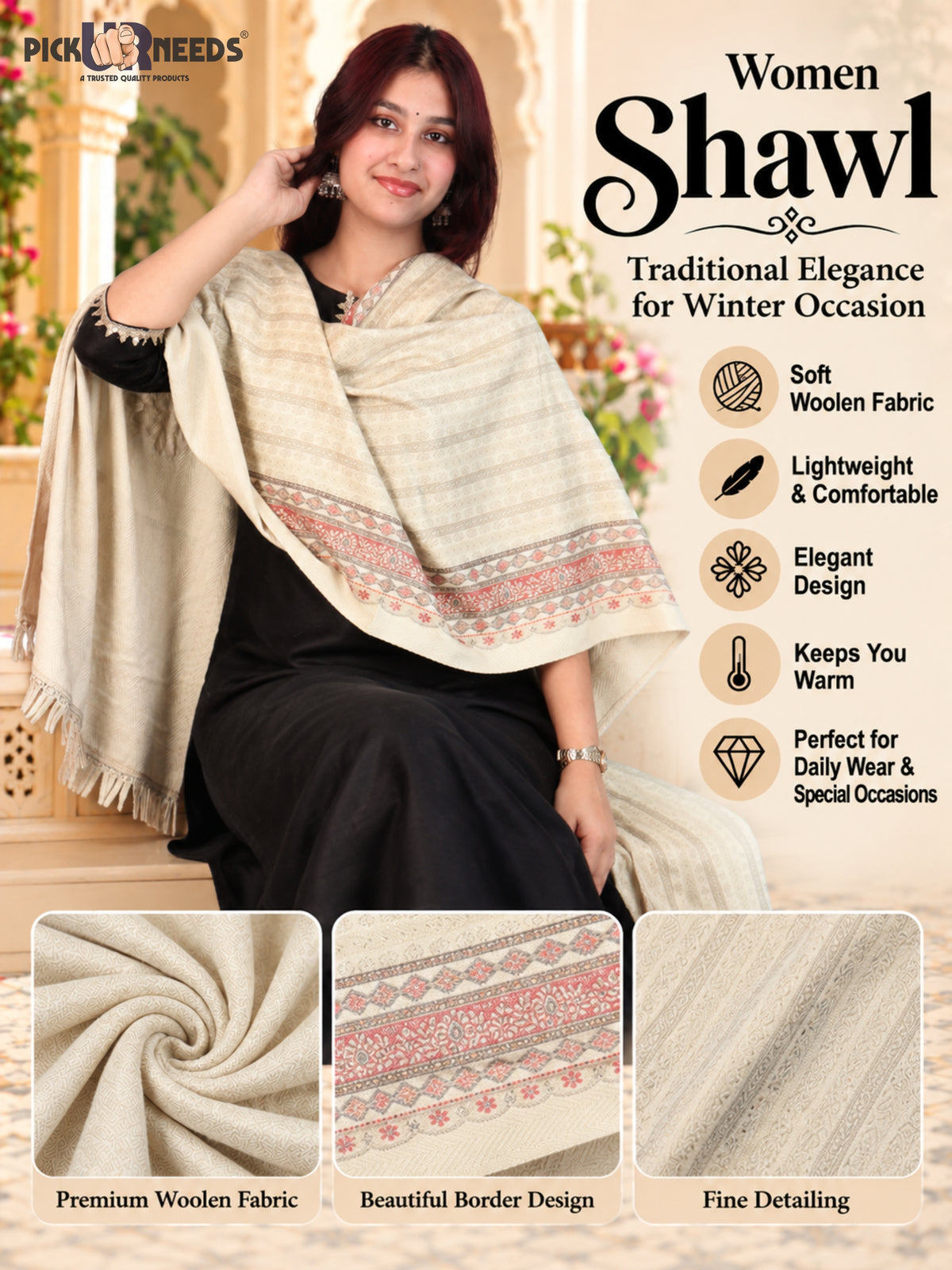 Pick Ur Needs Premium Soft Woolen Women & Girls Stylish Shawl with Elegant Design for Winter & Wedding