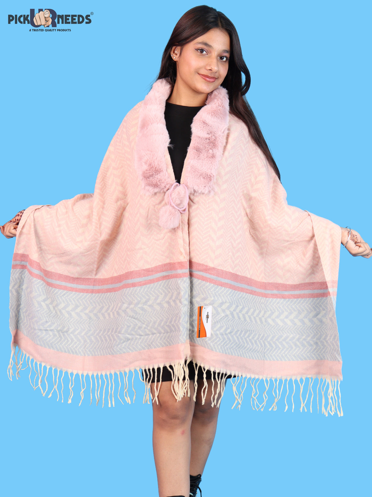 Pick Ur Needs Womens & Girls Designer Winter Shawl with Plush Fur Neckline & Patterned Border Soft Cozy Ladies Shoulder Wrap with Fringed Edges & Pom Pom Tassels
