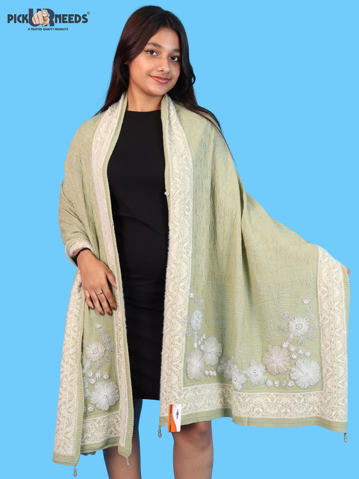 Pick Ur Needs Winter Woolen Womens Open Front Stylish Shrug with Elegant Floral Embroidery & Designer Border Soft Warm for Ladies & Girls