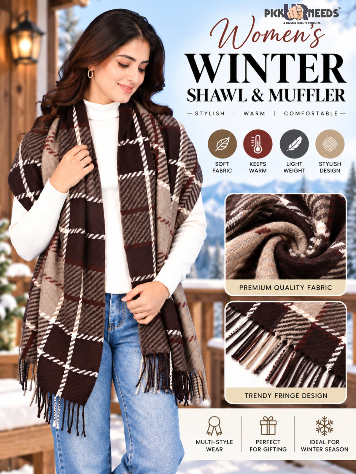 Pick Ur Needs Women's Winter Shawl & Muffler Soft Warm Checkered Printed Stole with Tassels Stylish Neck Wrap Scarf for Women & Girls