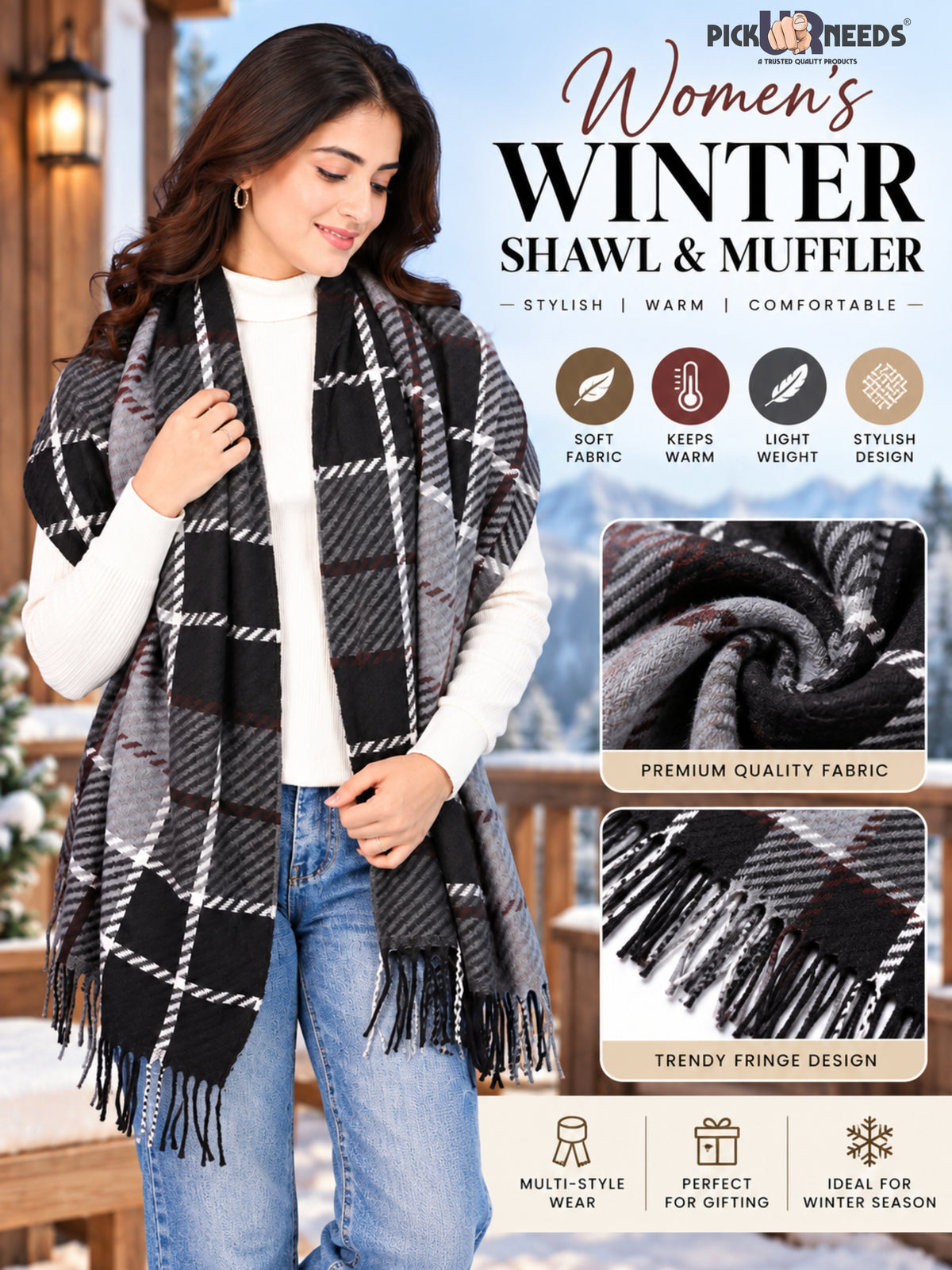 Pick Ur Needs Women's Winter Shawl & Muffler Soft Warm Checkered Printed Stole with Tassels Stylish Neck Wrap Scarf for Women & Girls