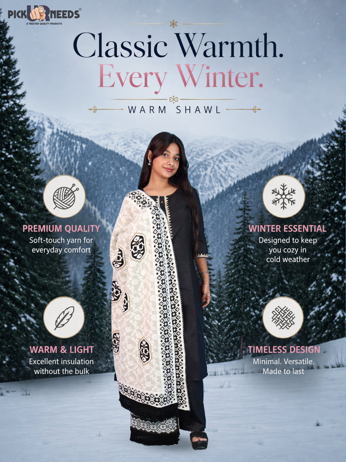 Pick Ur Needs Printed Women’s Woolen Shawl with Elegant Floral Pattern & Fur Border