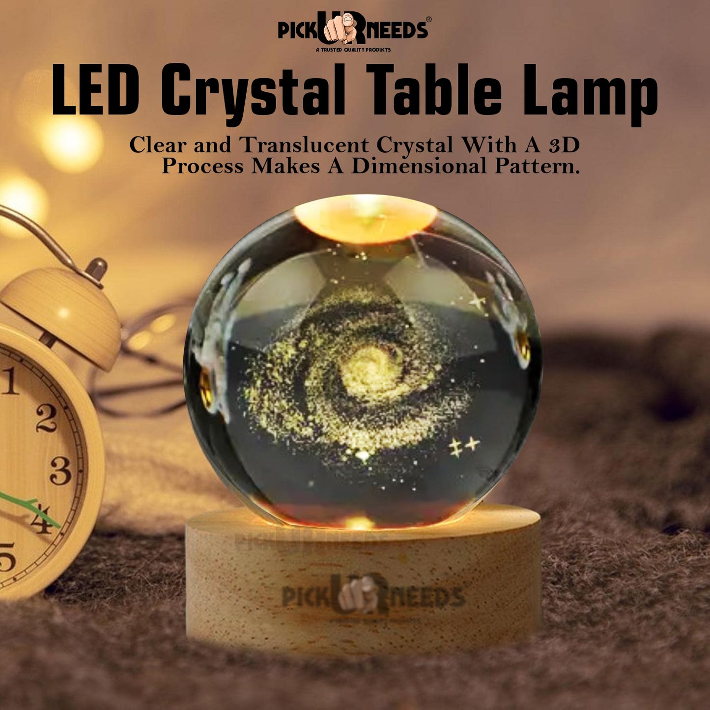 Pick Ur Needs 3D Galaxy Laxmi Ganesh Crystal Ball Night Light– Beech Wood Base– Decor for Home Night Lamp  (9.5 cm, Gold)