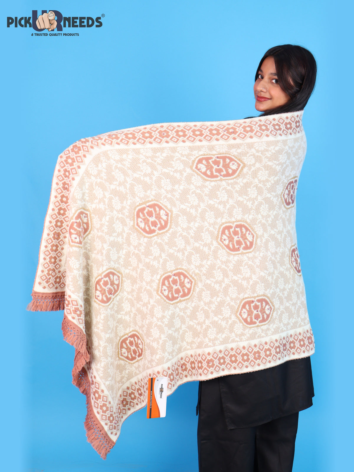 Pick Ur Needs Printed Women’s Woolen Shawl with Elegant Floral Pattern & Fur Border