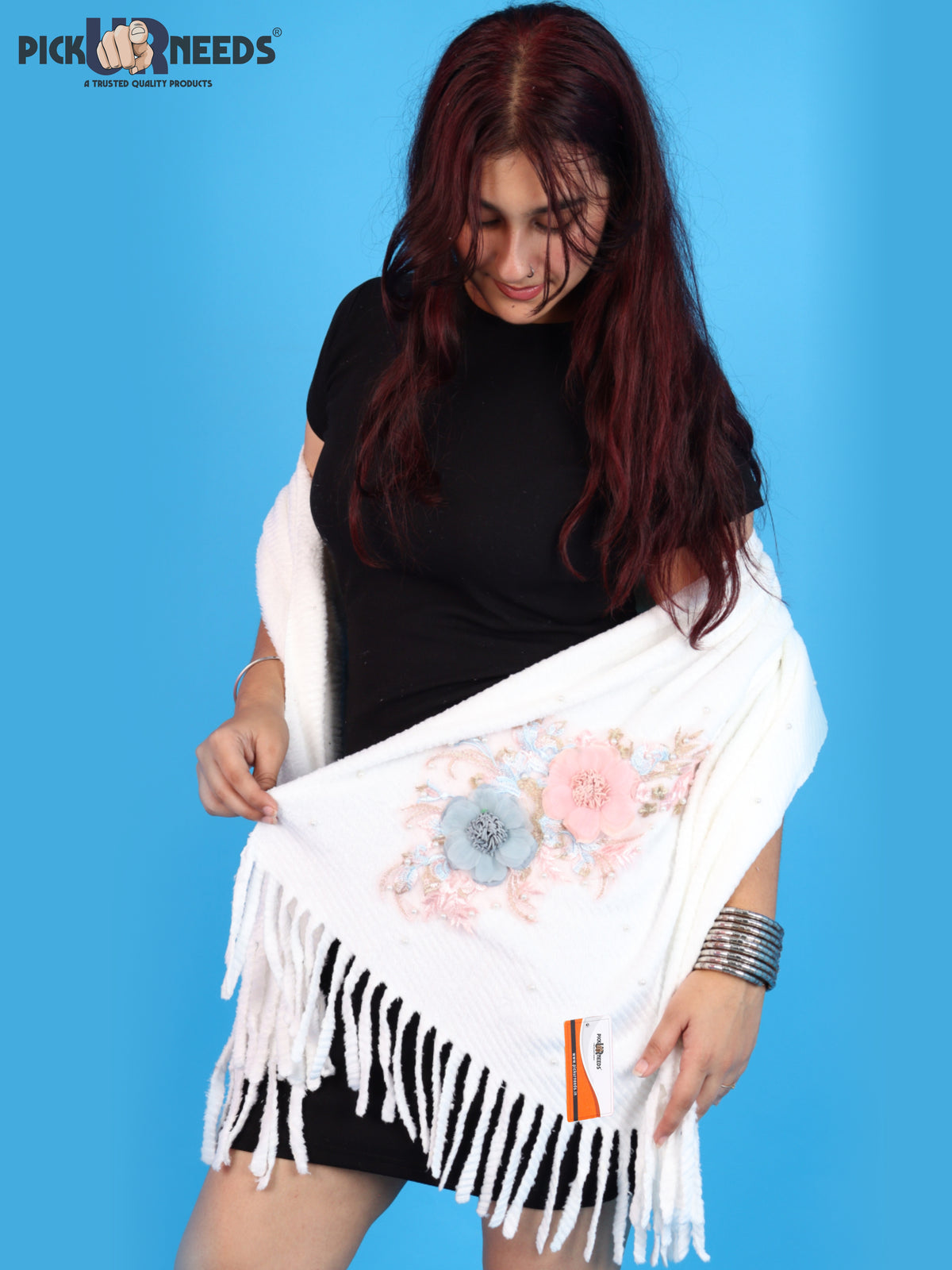 Pick Ur Needs Premium Floral Embroidered Winter Shawl Stole Soft Warm Wrap with Pearl Embellishments & Fringed Border For Girls & Womens