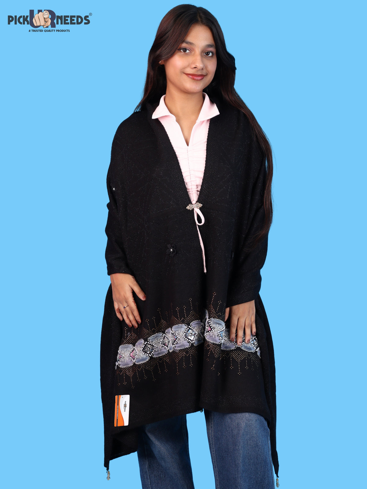 Pick Ur Needs Womens Soft Woolen Winter Girls Shawl with Elegant Geometric Design & Floral Embellishments Lightweight Warm Comfortable Ladies Shawl