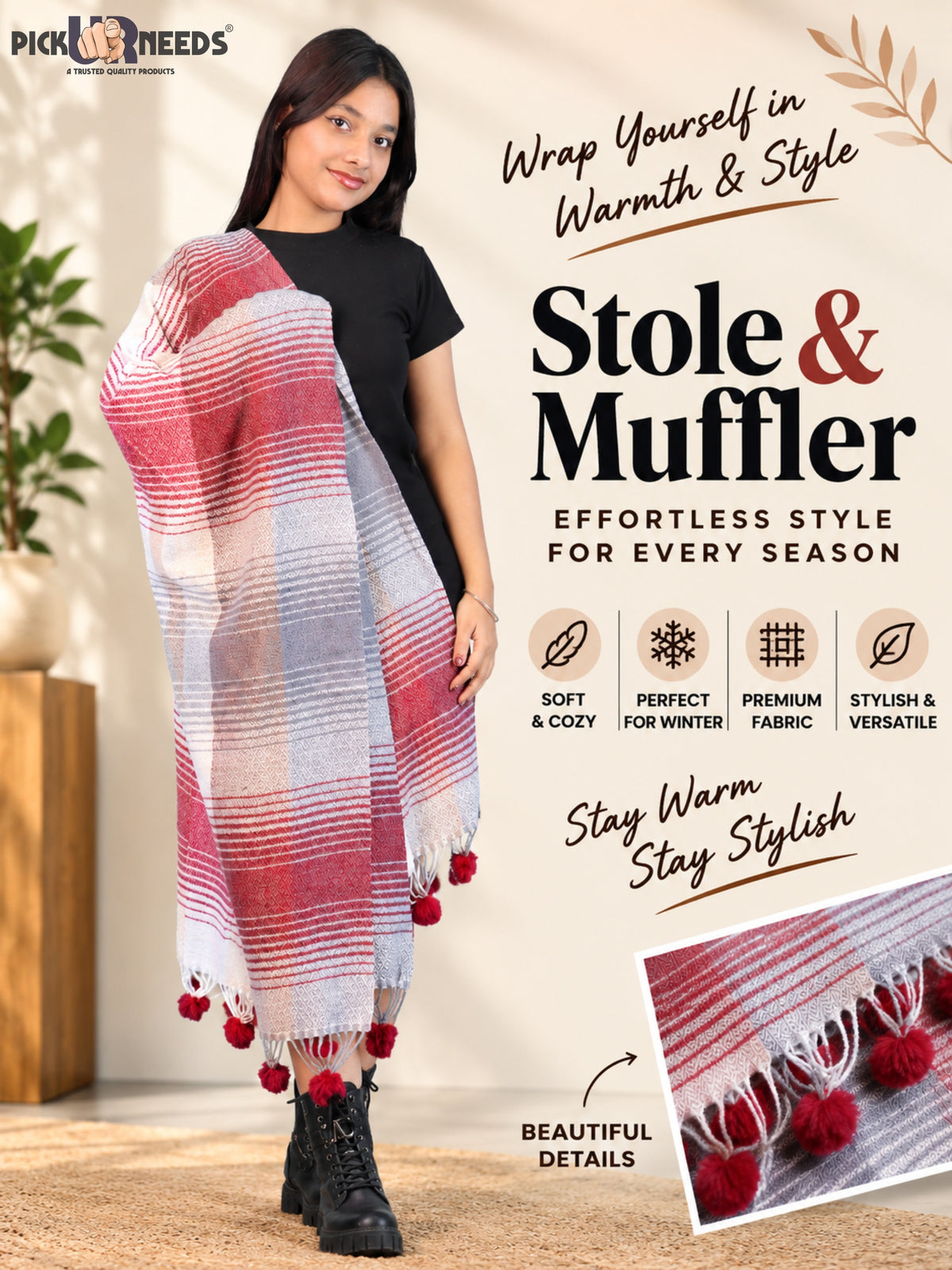 Pick Ur Needs Women & Girls Winter Shawl Soft Warm Striped Pattern Shawl with Tassel & Pom Pom Border Stylish Ladies Winter Wrap
