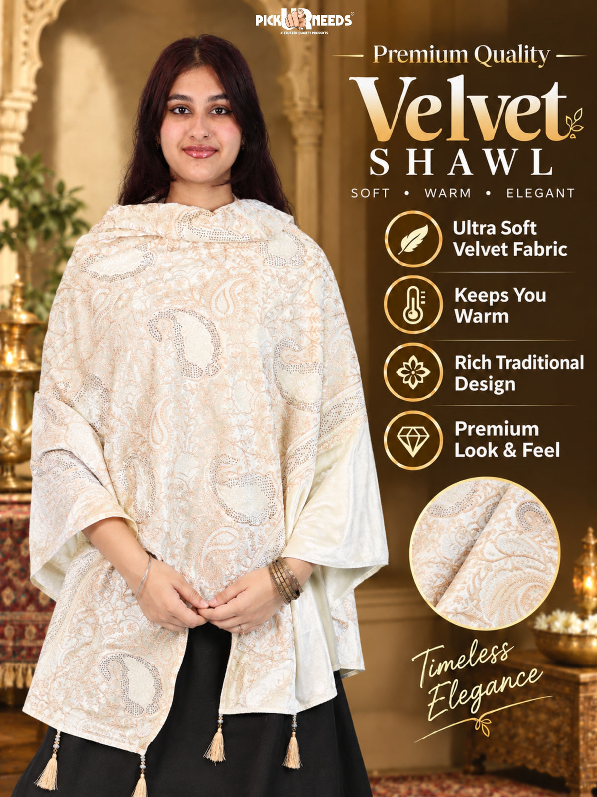 Pick Ur Needs Premium Winter Shawl for Women Ultra Soft & Cozy Warm Velvet Fabric with Rich Traditional Floral Design For Girls