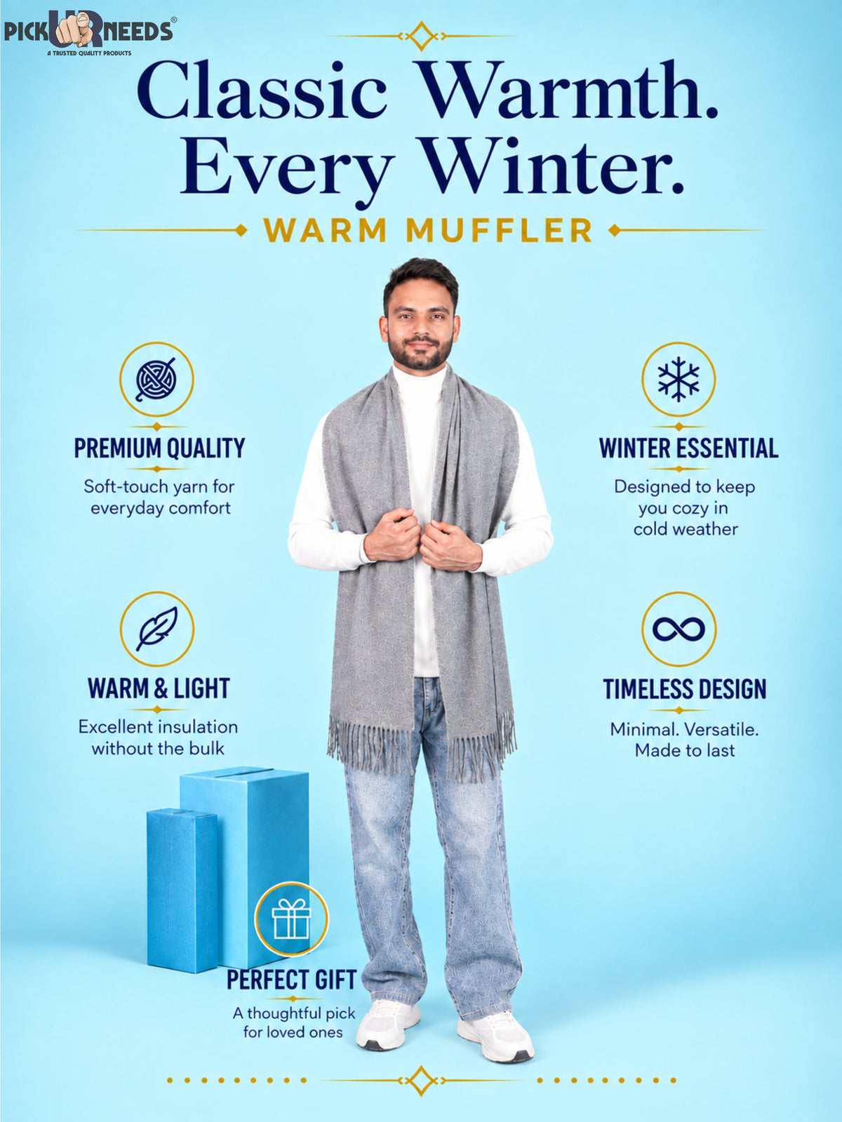 Pick Ur Needs Men’s Woolen Muffler Scarf Soft Warm Boys Winter Neck Wrap, Elegant Solid Style, Long Design with Decorative Fringes