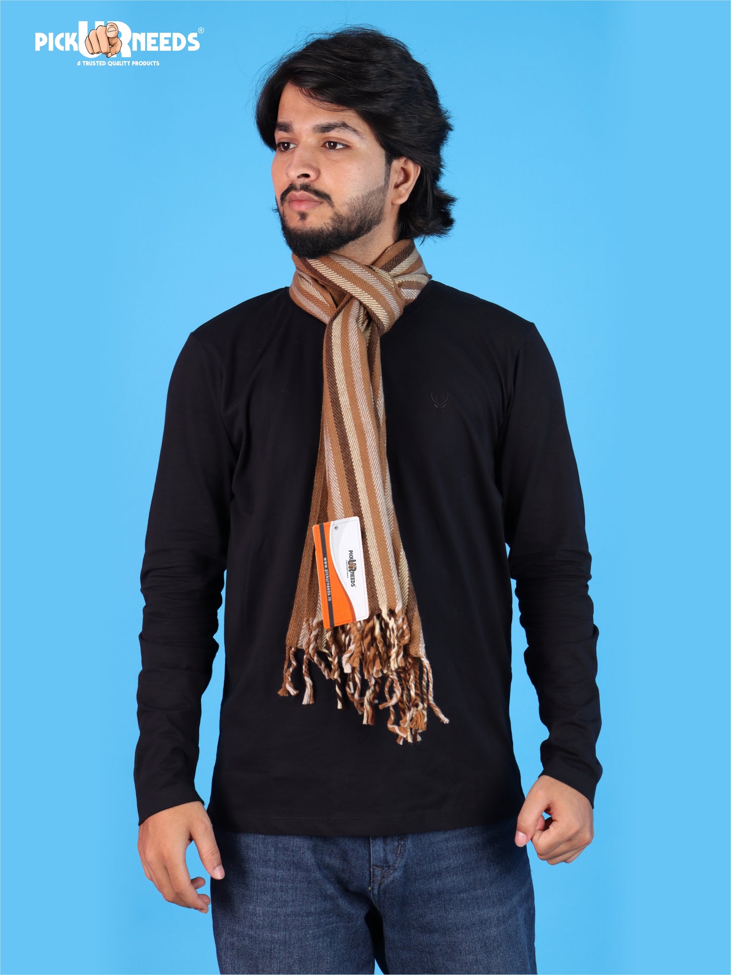 Pick Ur Needs Men's Muffler With Multi Color Strips Design Woolem Blend Fabric Stylish Tussles Ends Muffler For Men