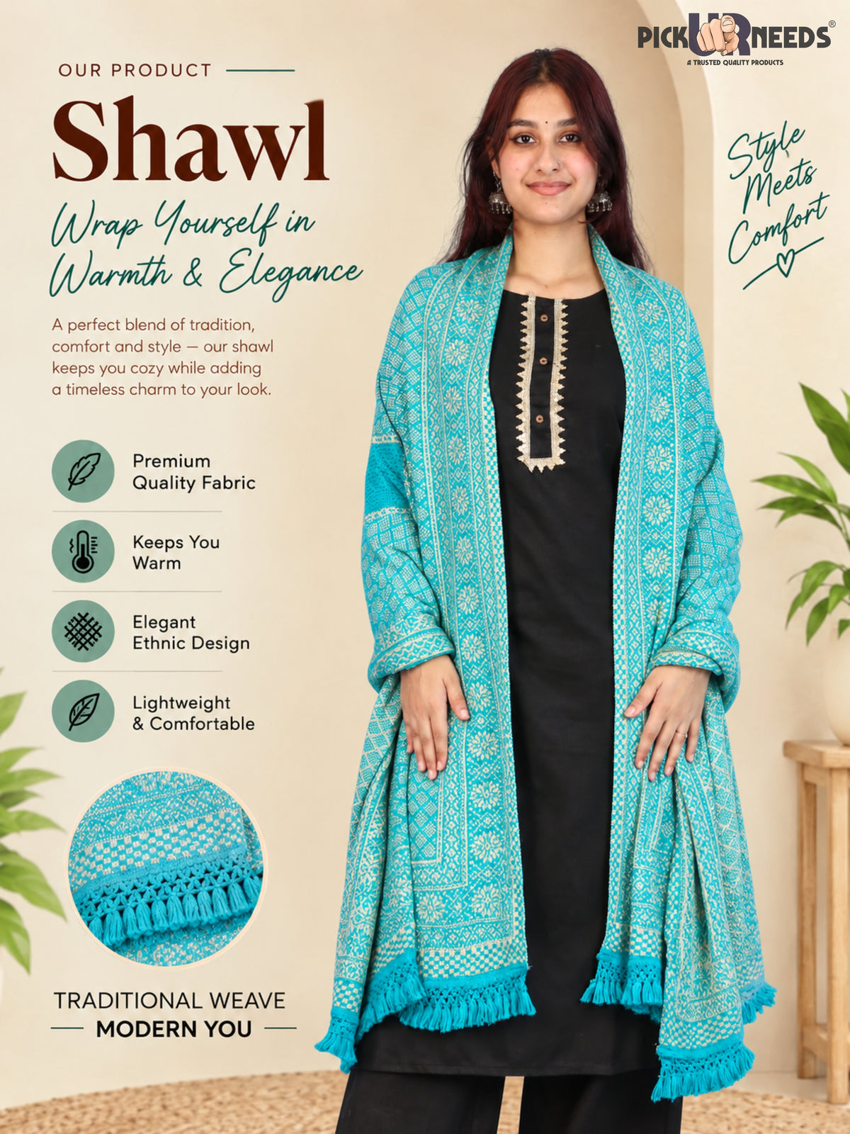Pick Ur Needs Women & Girls Designer Shawl Stole with Elegant Woven Floral & Geometric Pattern, Soft Warm Winter Wrap with Fringed Border, Stylish Shoulder Scarf for Ladies