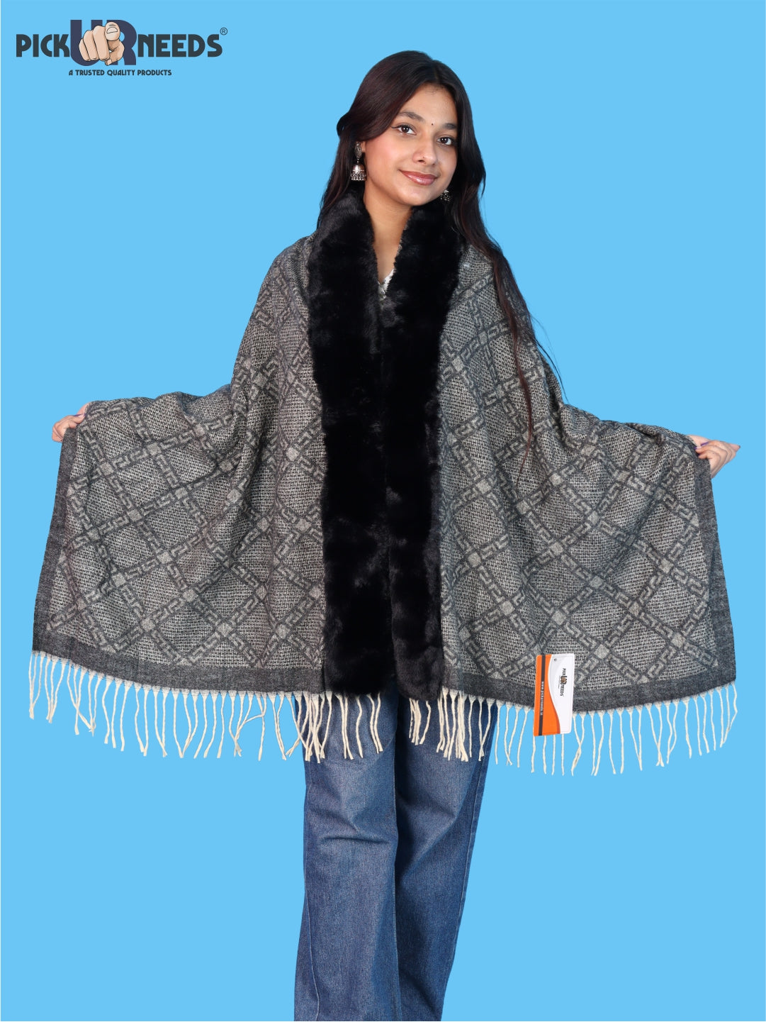 Pick Ur Needs Stylish Womens & Girls Winter Wear Shawl with Fur-Style Soft Warm Printed Wrap Stole with Fringes