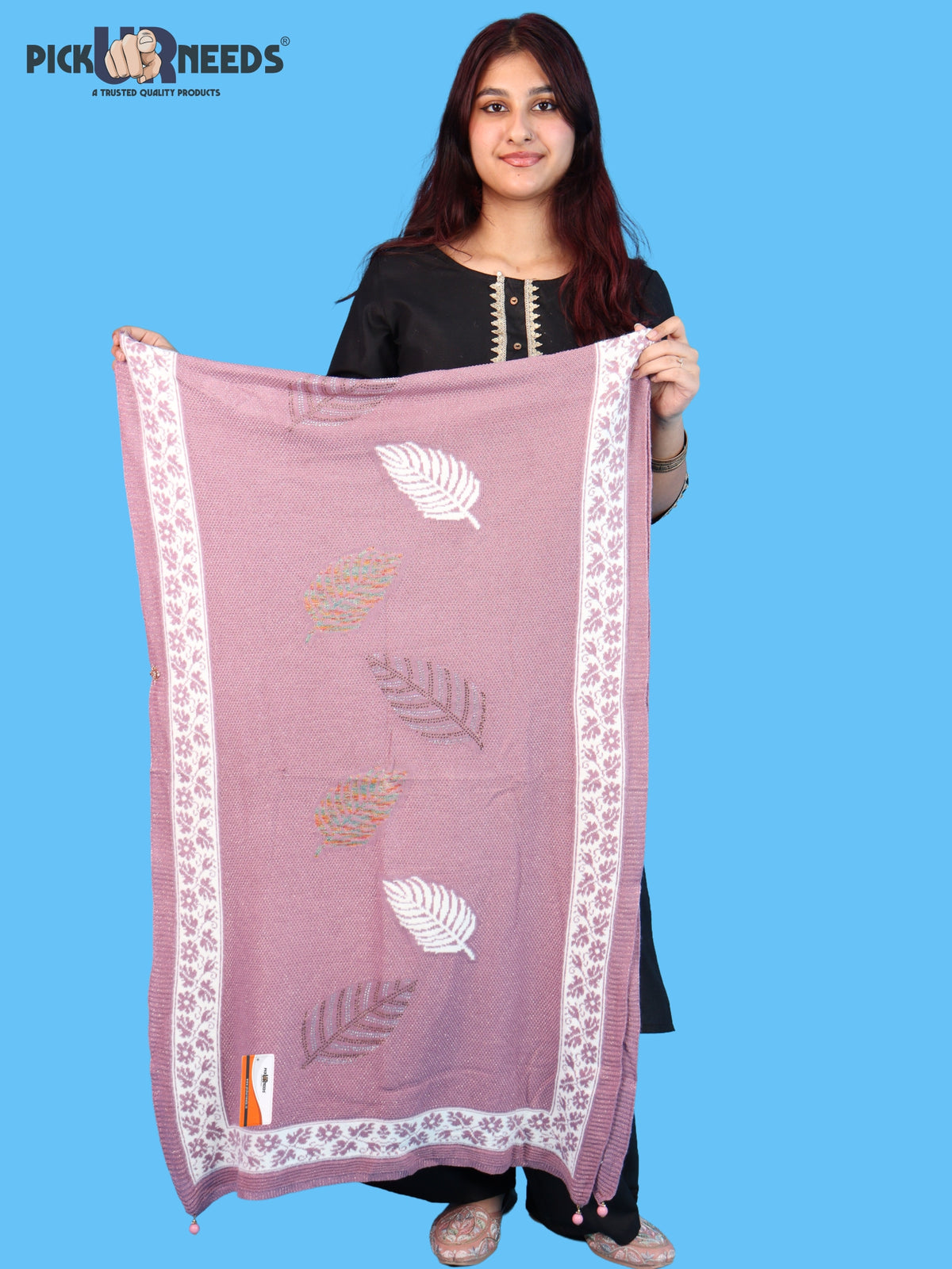 Pick Ur Needs Girls & Womens Winter Soft Lightweight Knitted Shawl with Leaf Design, Floral Border & Decorative Tassels