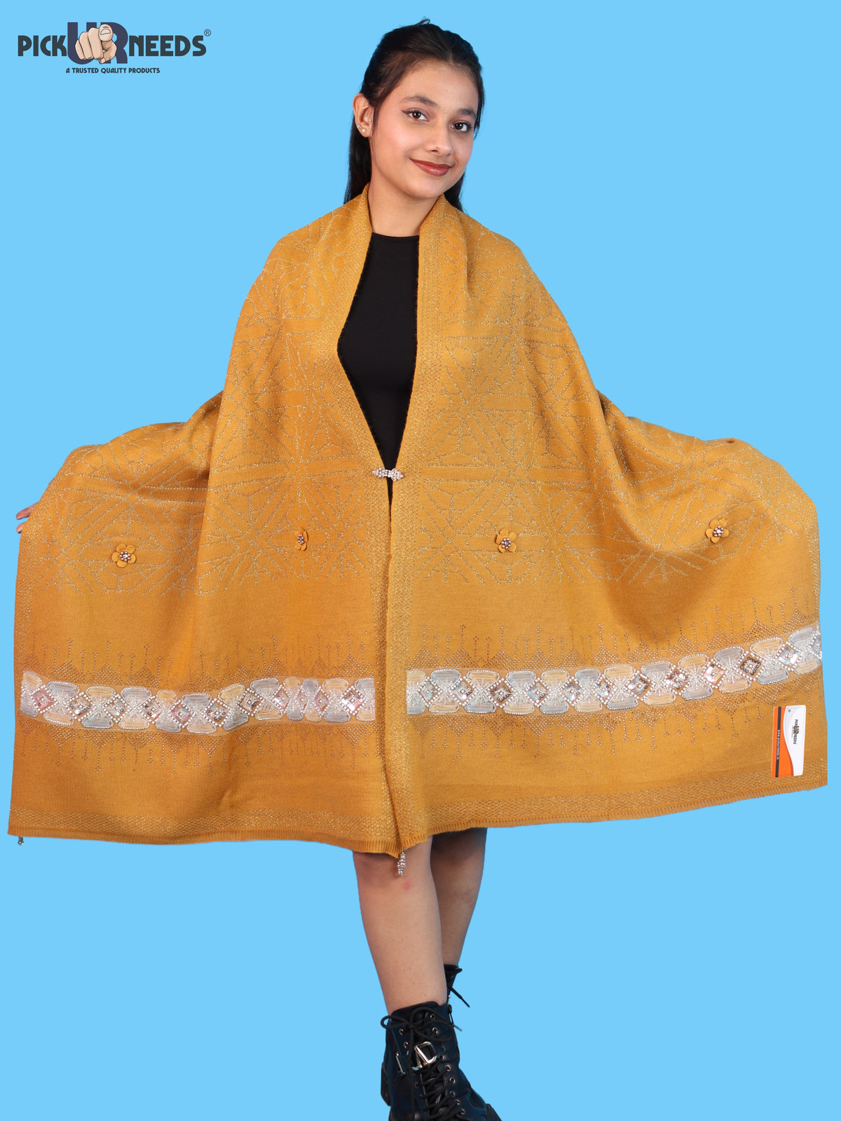 Pick Ur Needs Womens Soft Woolen Winter Girls Shawl with Elegant Geometric Design & Floral Embellishments Lightweight Warm Comfortable Ladies Shawl