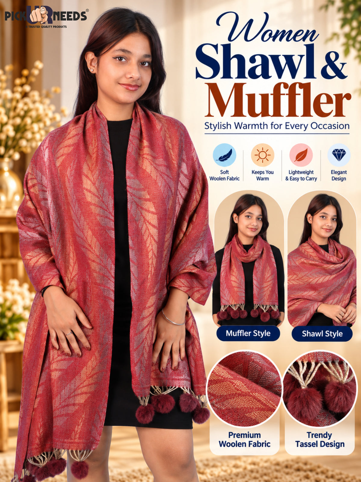 Pick Ur Needs Womens Designer Woolen Shawl & Stole with Elegant Leaf Pattern and Pom Pom Tassels, Winter Soft Warm Lightweight Winter Wrap