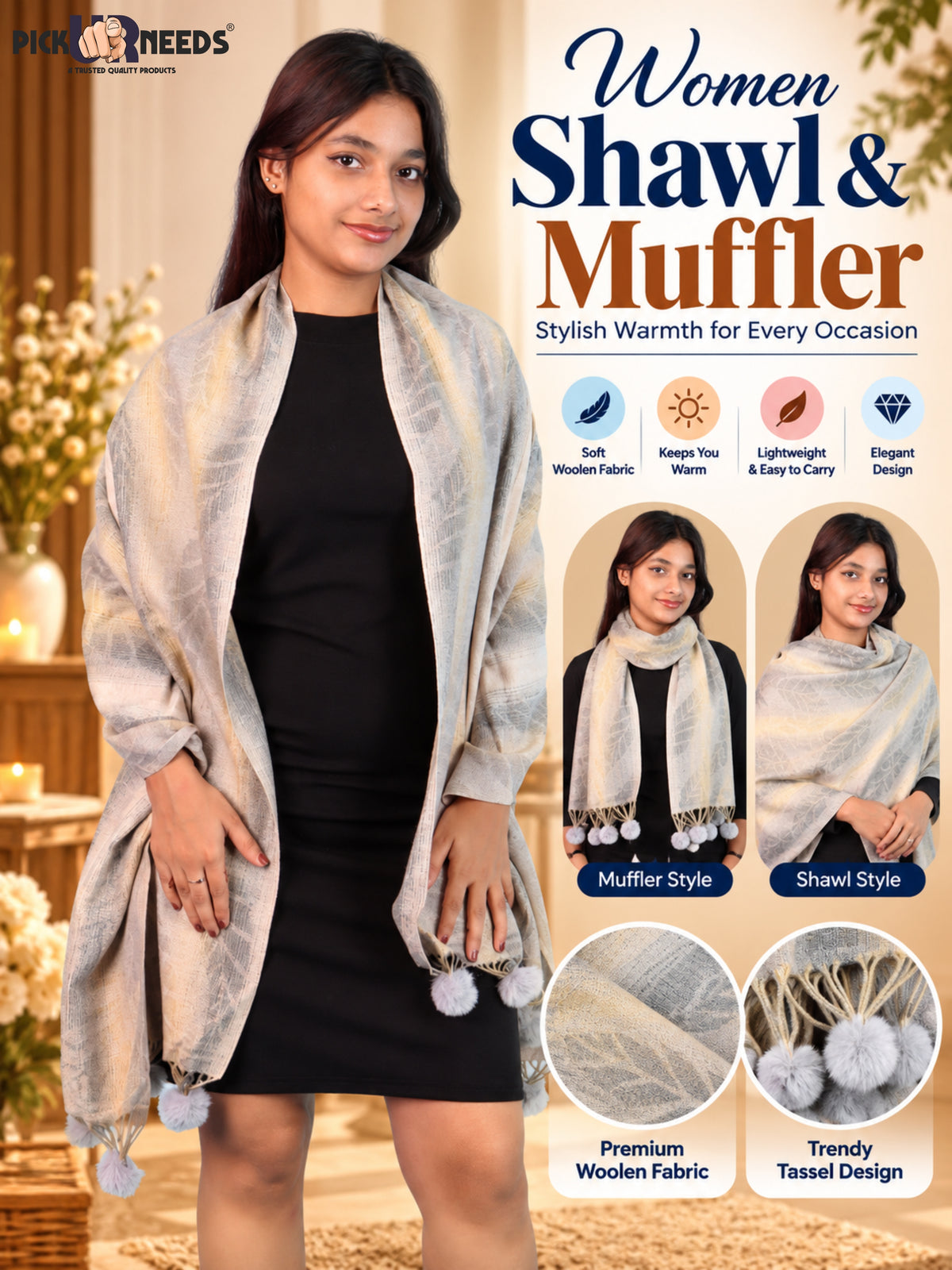 Pick Ur Needs Womens Designer Woolen Shawl & Stole with Elegant Leaf Pattern and Pom Pom Tassels, Winter Soft Warm Lightweight Winter Wrap